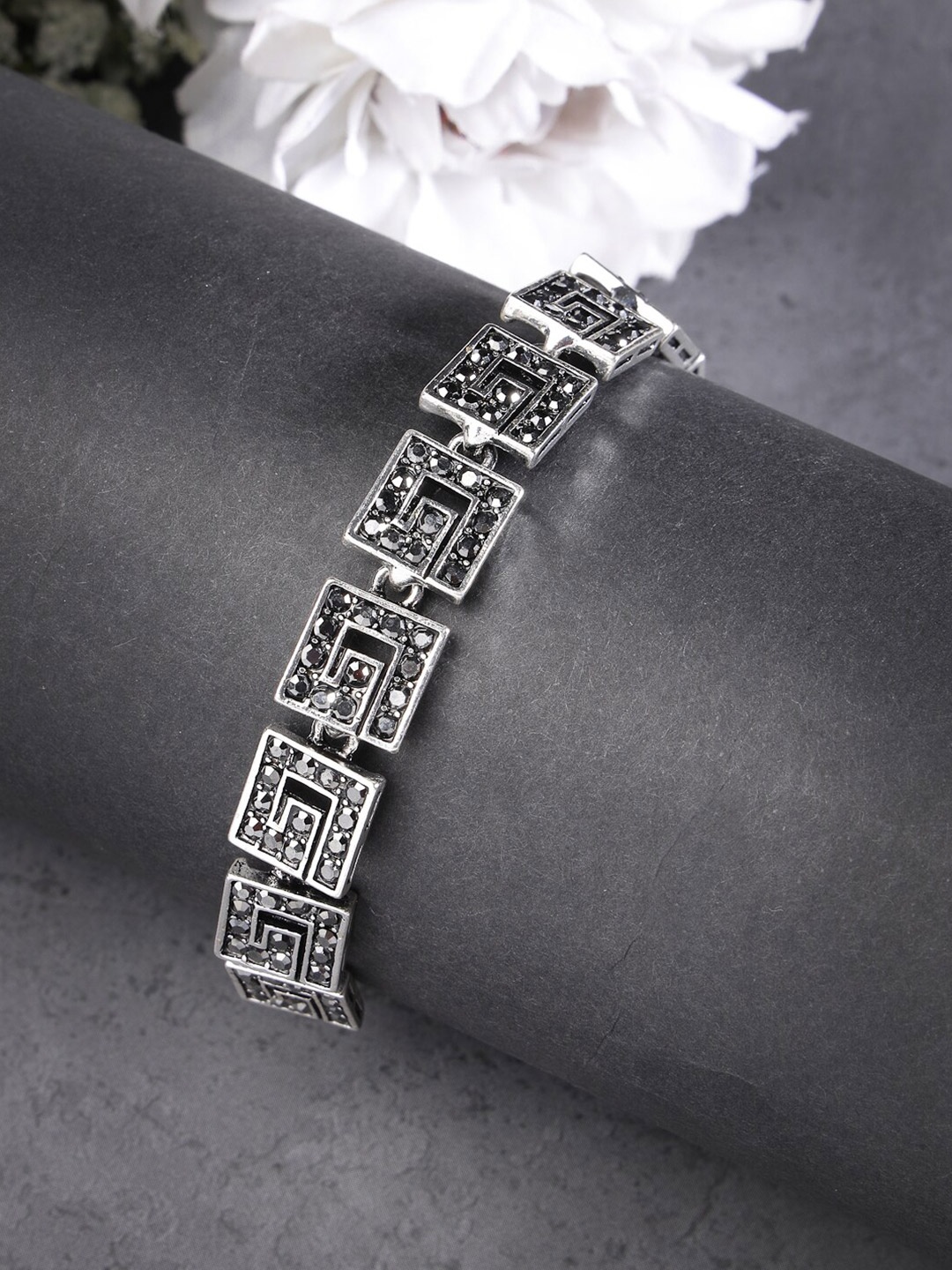 

NVR Women American Diamond Rhodium-Plated Link Bracelet, Silver