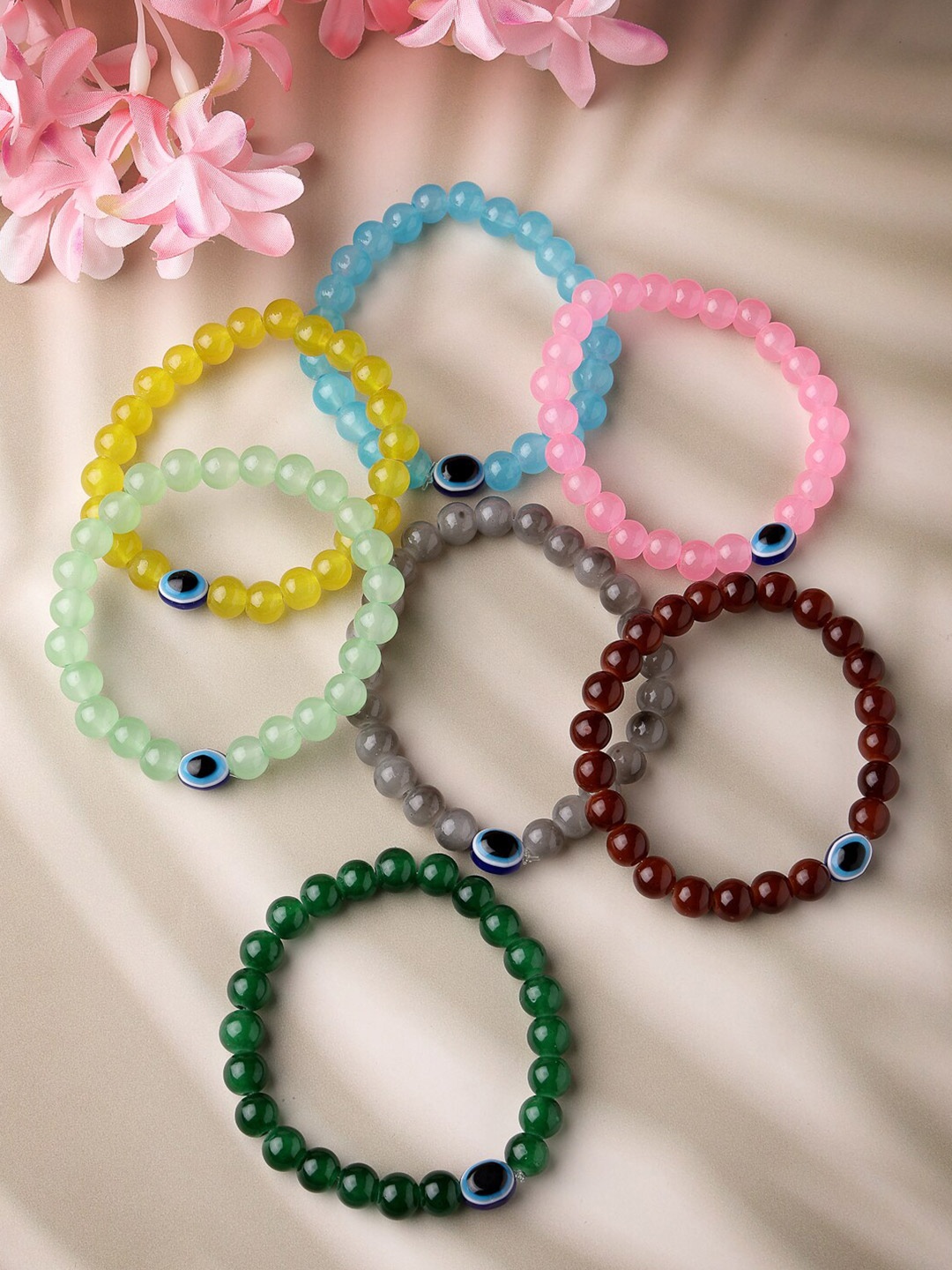 

NVR Unisex Set Of 7 Artificial Beads-Beaded Evil Eye Elasticated Bracelet, Grey