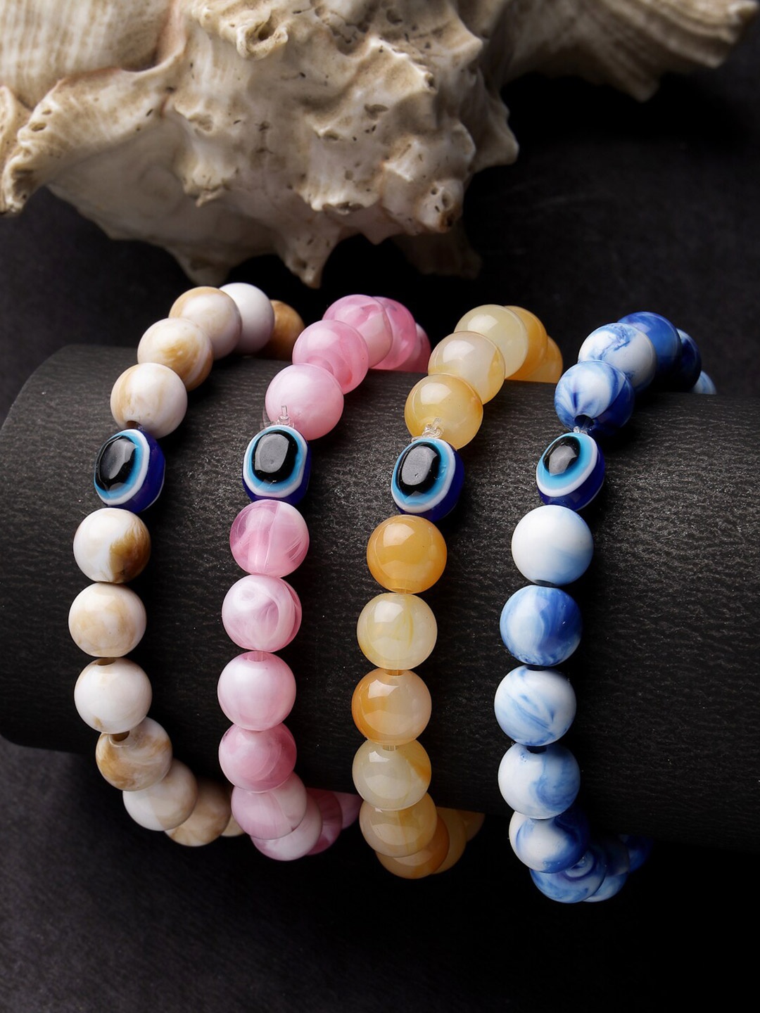 

NVR Unisex Set Of 4 Artificial Beads-Beaded Evil Eye Elasticated Bracelet, Blue