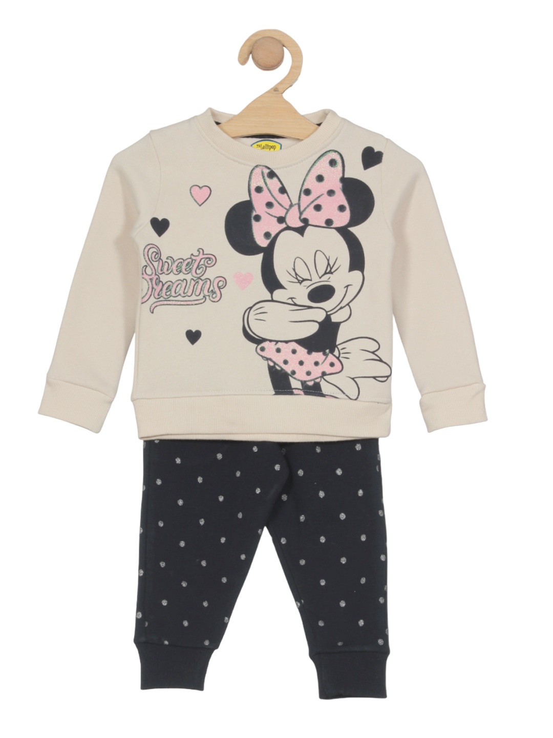 

Lil Lollipop Kids Minnie Mouse Printed Long Sleeves Fleece Sweatshirt & Joggers, Cream