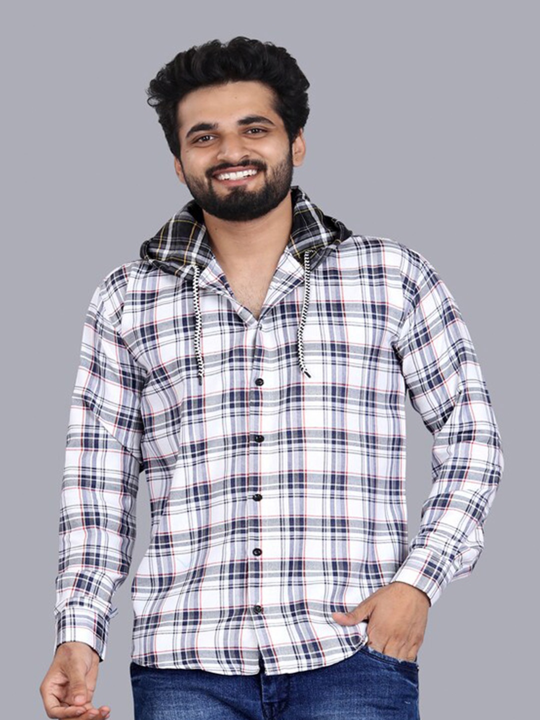 

Bought First Premium Tartan Checked Hooded Casual Shirt, White