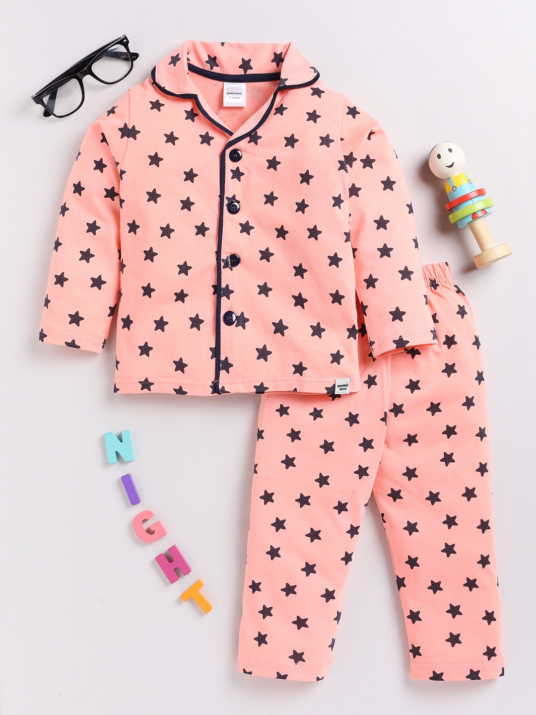 

Moms Love Girls Printed Shirt Collar Cotton Clothing Set, Peach