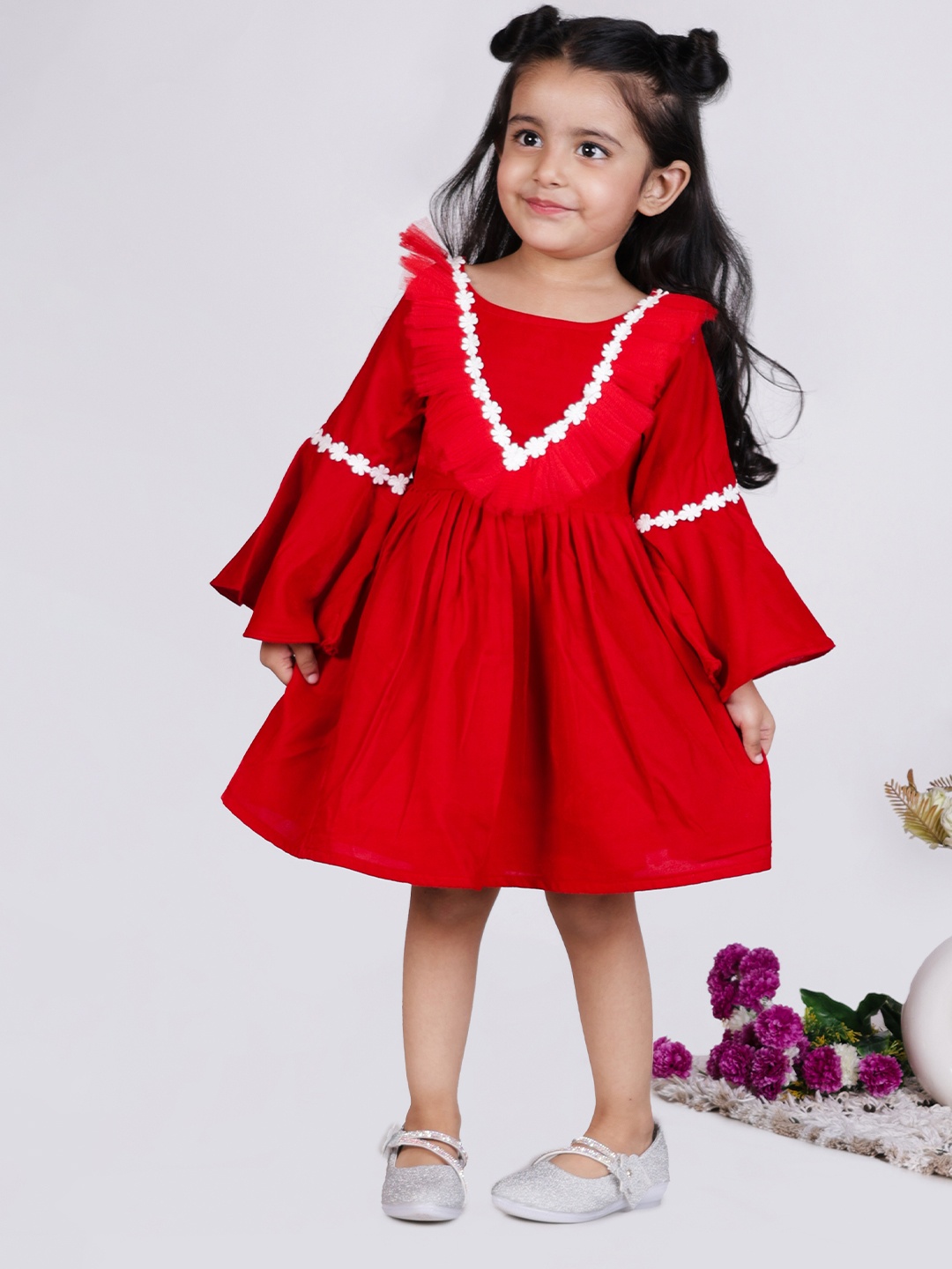 

BAESD Girls Bell Sleeves Gathered Detailed Pure Velvet Fit & Flare Dress, Red