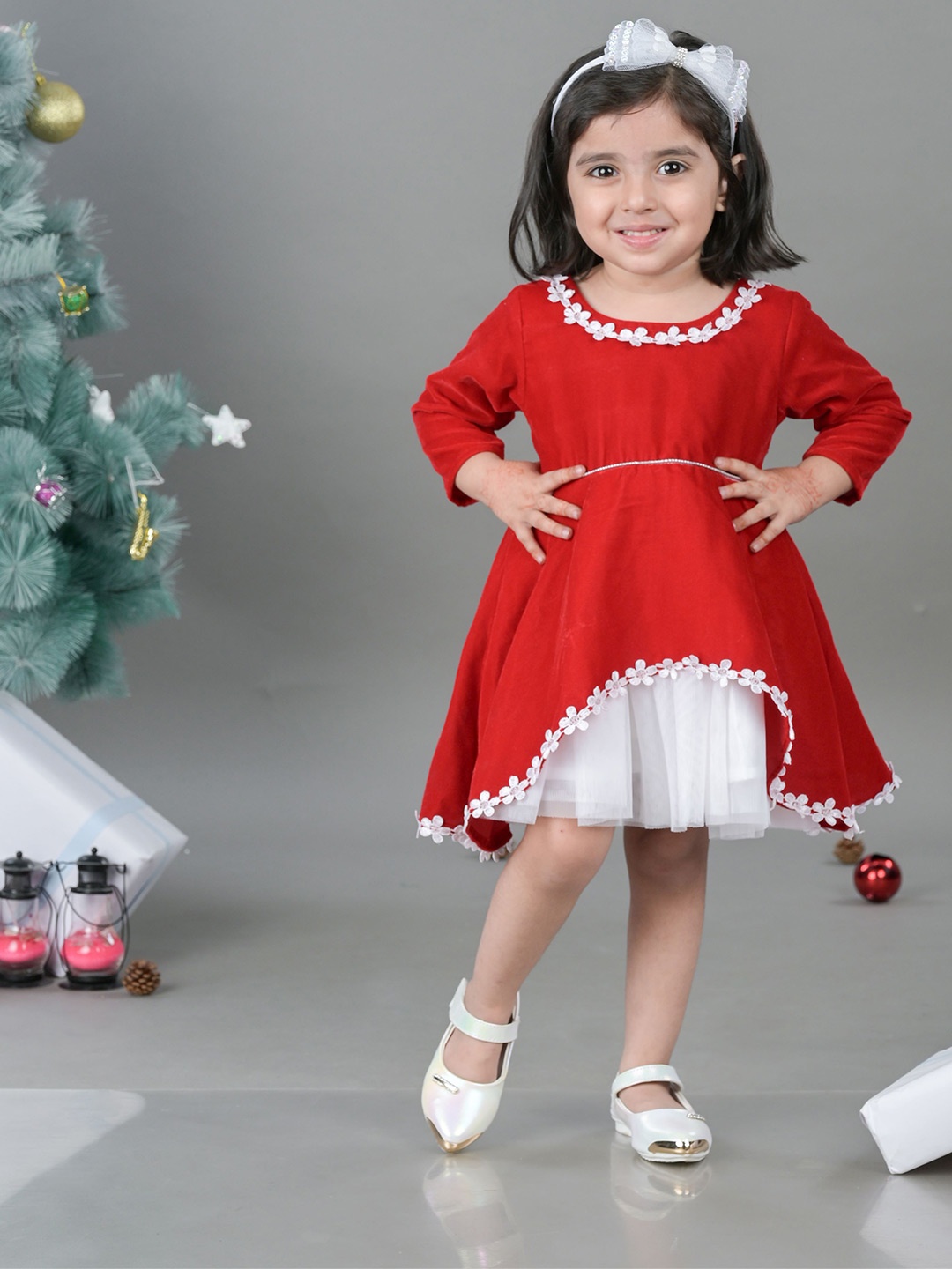 

BAESD Girls Lace Inserts Pure Velvet Fit & Flare Dress, Red