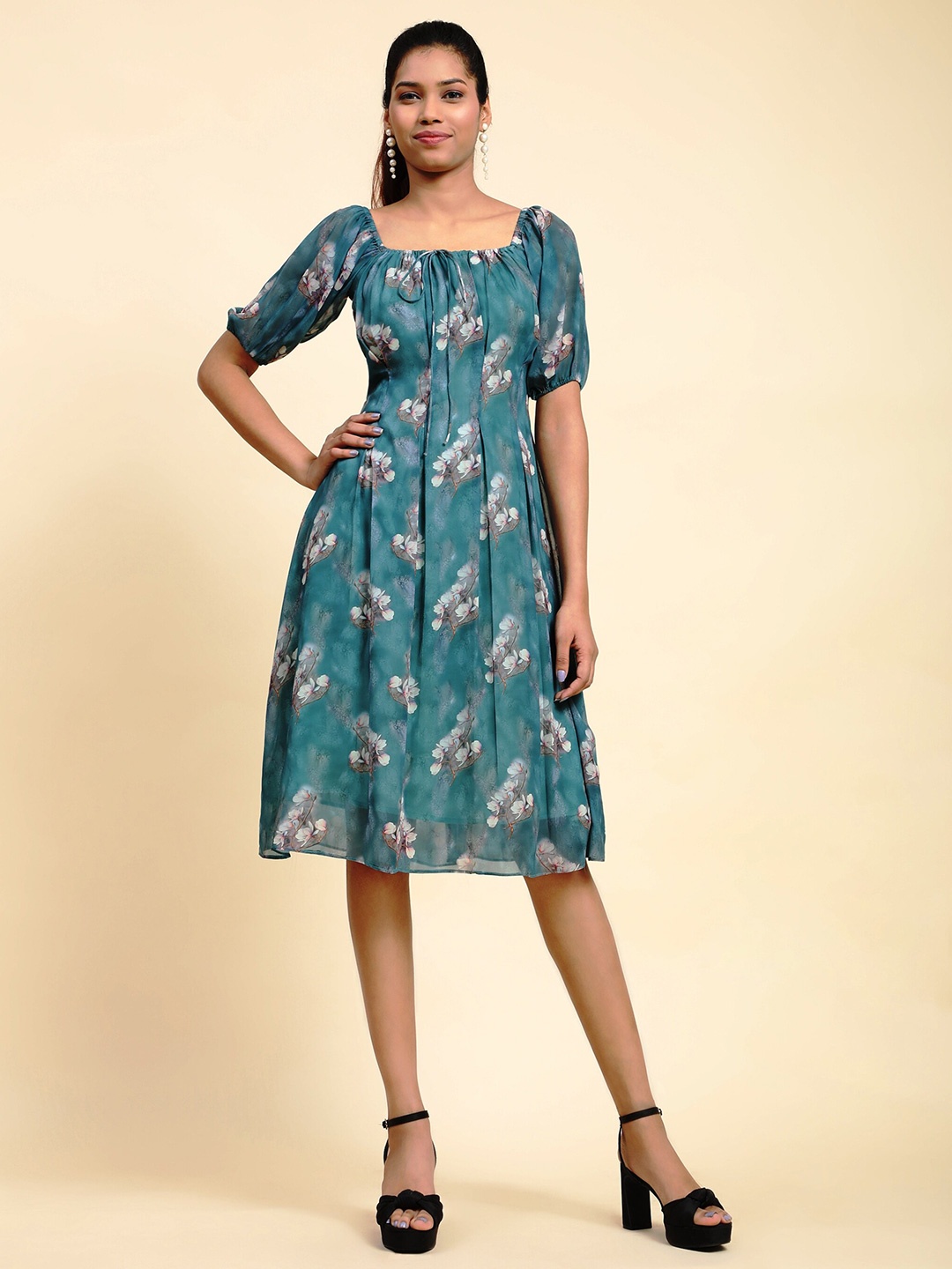 

BAESD Floral Print Puff Sleeve Georgette Fit & Flare Dress, Sea green