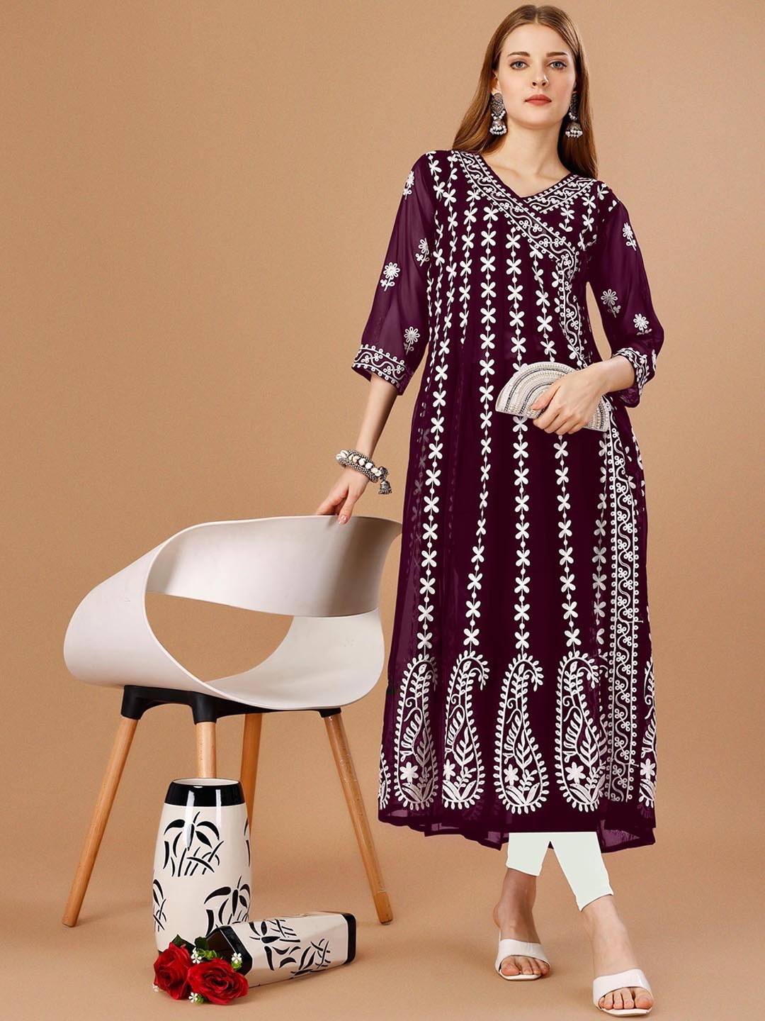 

FabFairy Floral Embroidered Chikankari V-Neck Anarkali Kurta, Purple