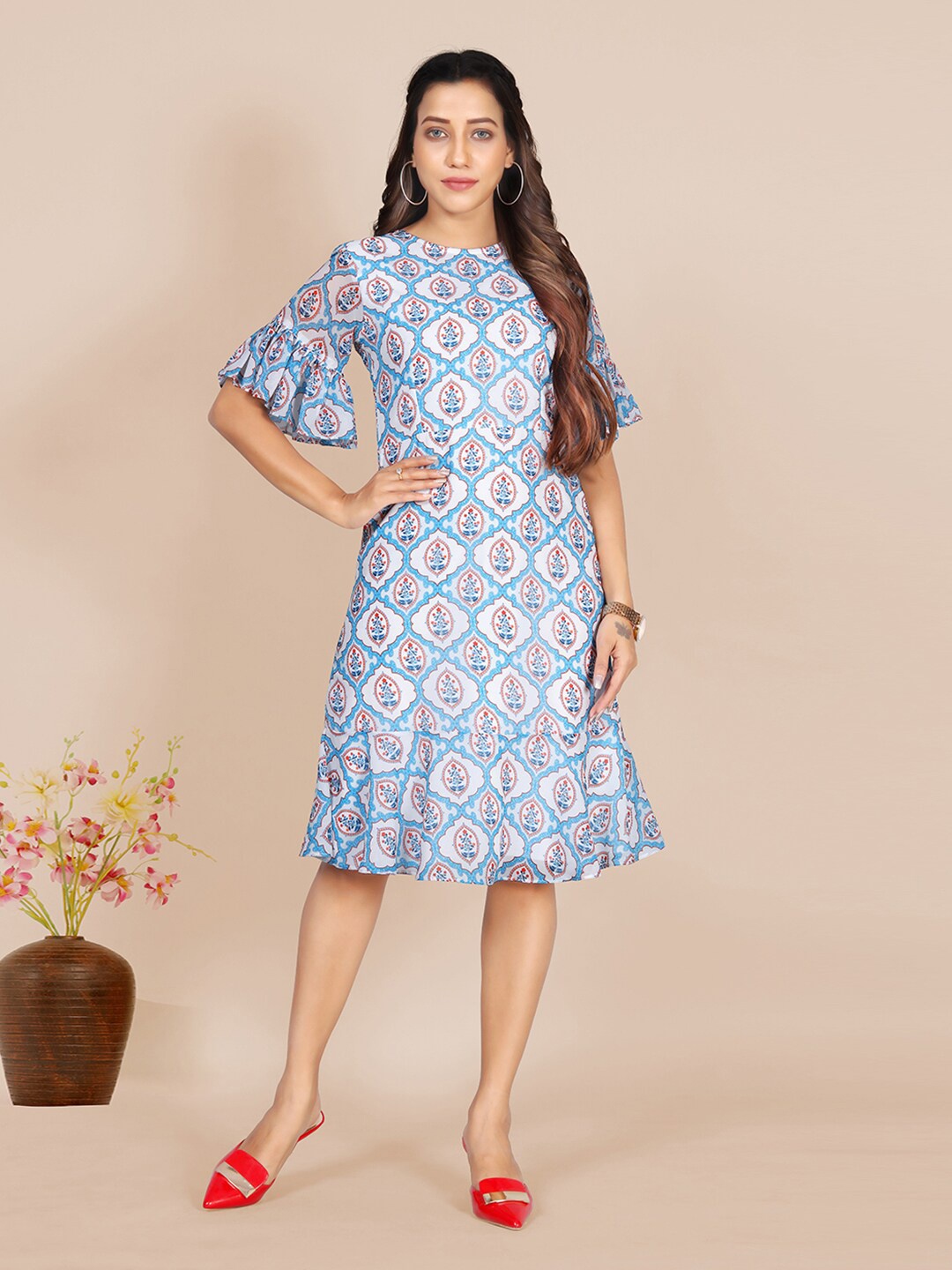 

FASHION DREAM Ethnic Motifs Printed Bell Sleeves Ruffled Georgette A-Line Dress, Blue