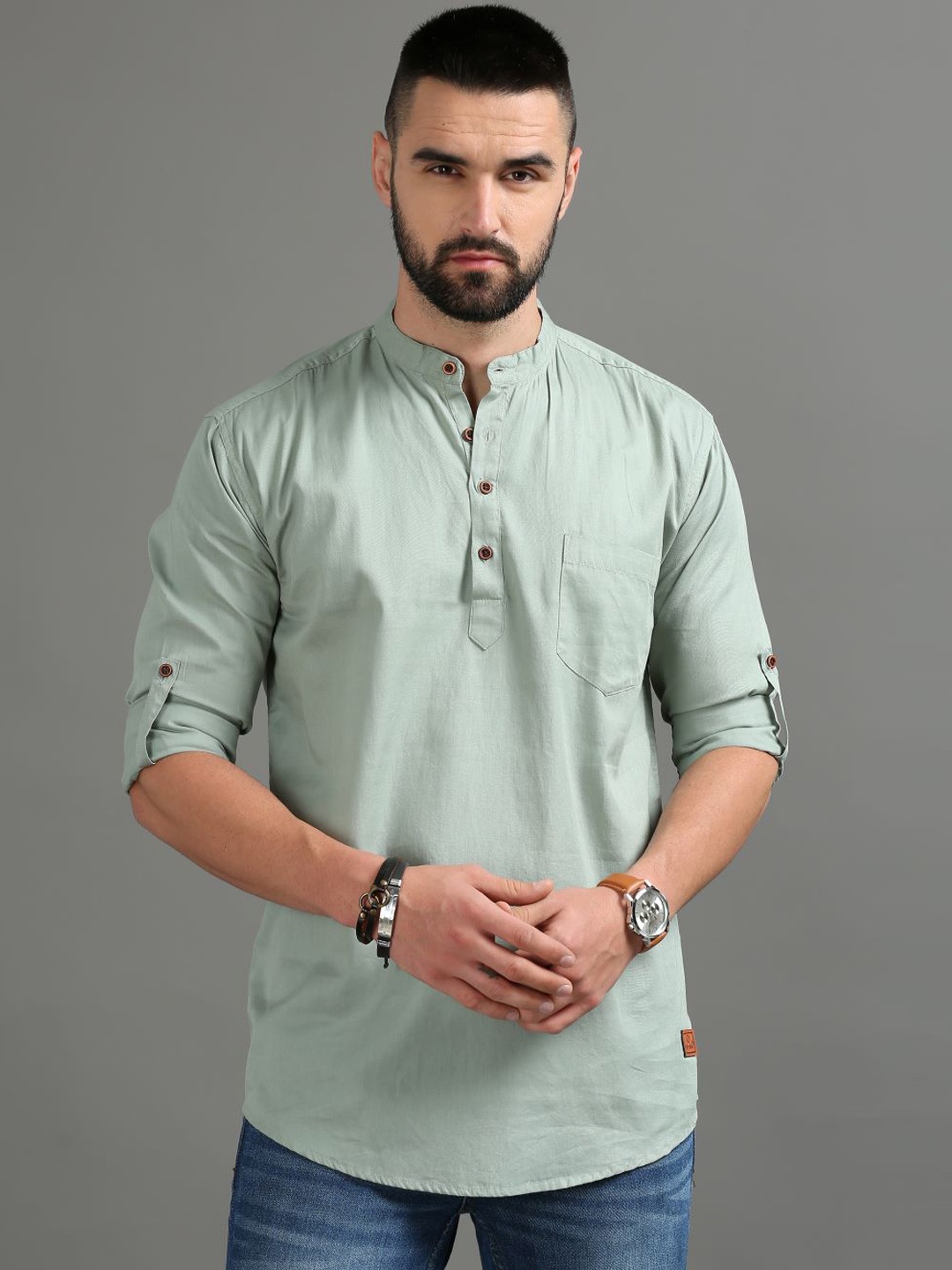 

Tallwalker Cotton Mandarin collar Kurta, Lime green