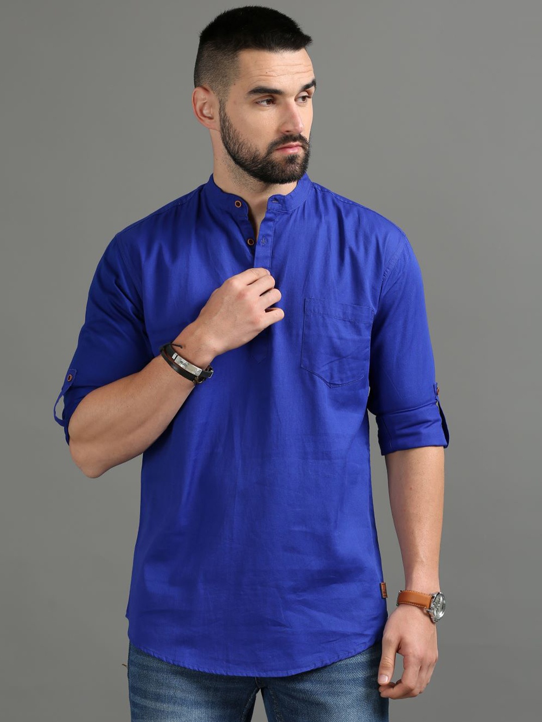 

Tallwalker Cotton Mandarin collar Kurta, Turquoise blue