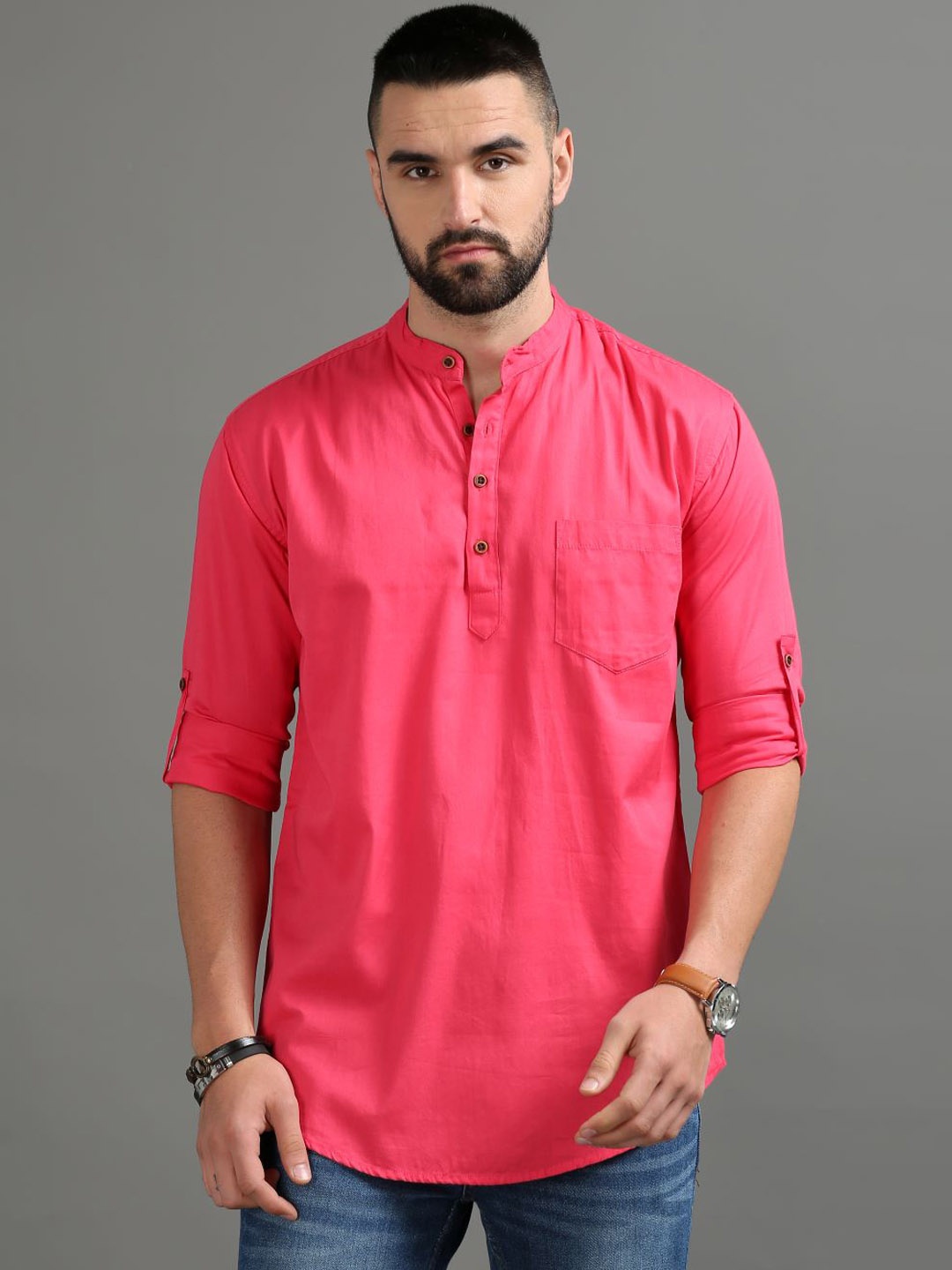 

Tallwalker Mandarin collar Cotton Kurta, Red