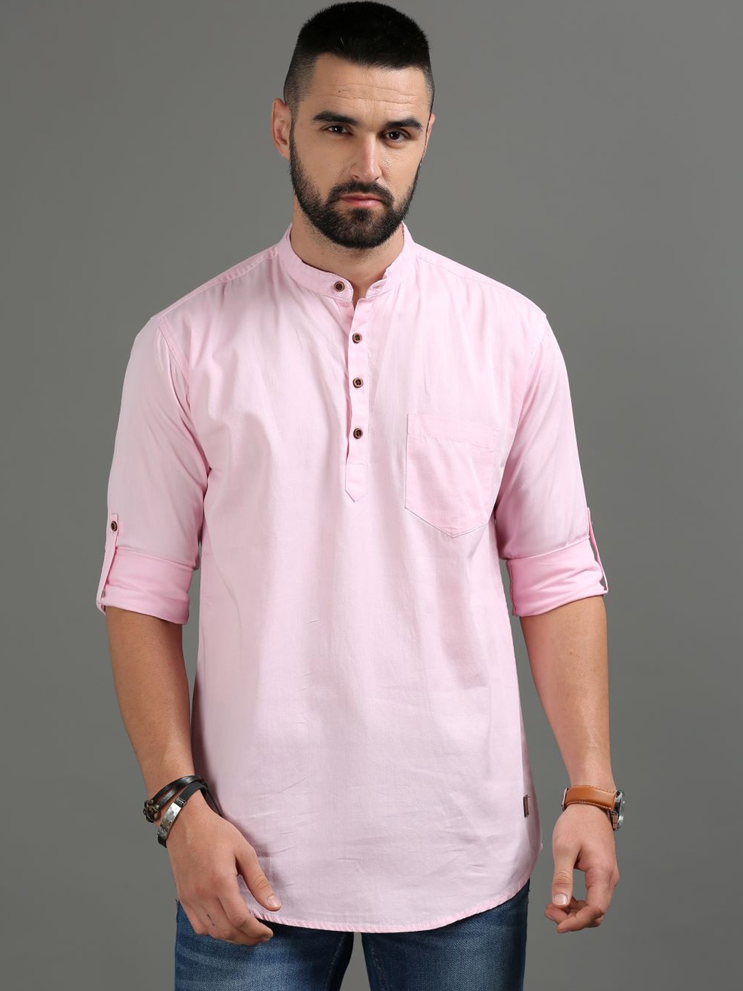 

Tallwalker Mandarin Collar Cotton Kurta, Pink