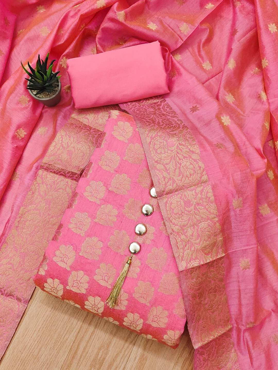 

Panzora Ethnic Motifs Woven Design Unstitched Dress Material, Pink