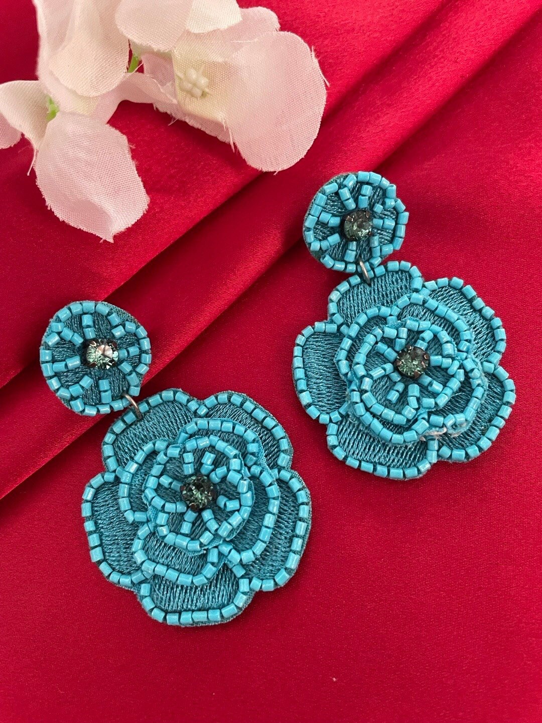 

Digital Dress Room Beaded Floral Drop Earrings, Blue