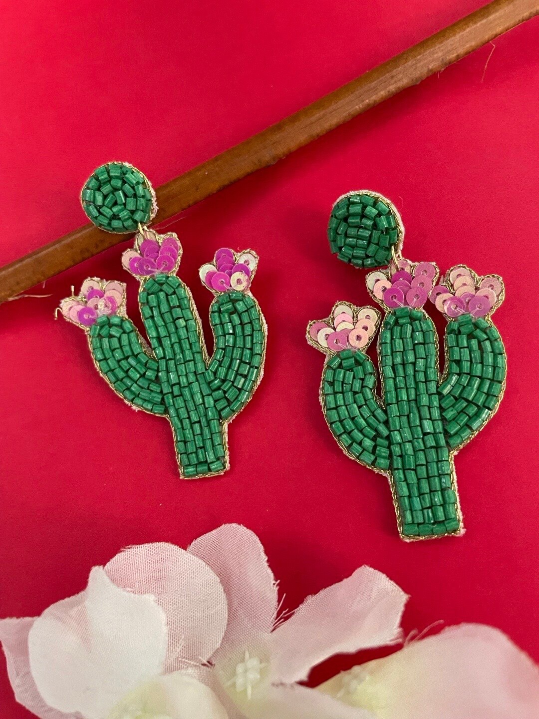 

Digital Dress Room Beaded Cactus Flower Shaped Drop Earrings, Green