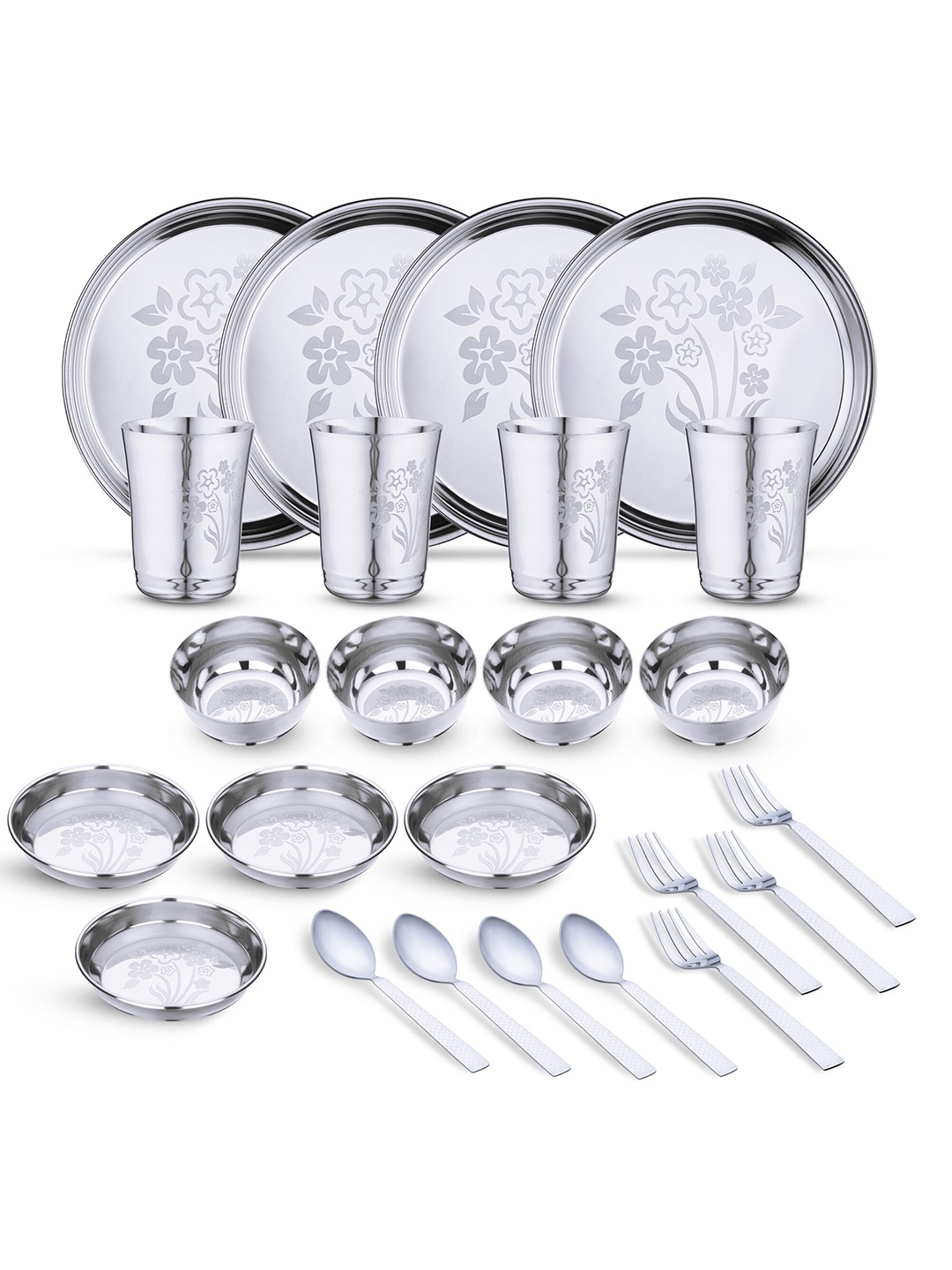 

LIMETRO STEEL 24 Pieces Silver-Toned Floral Stainless Steel Dinner Set