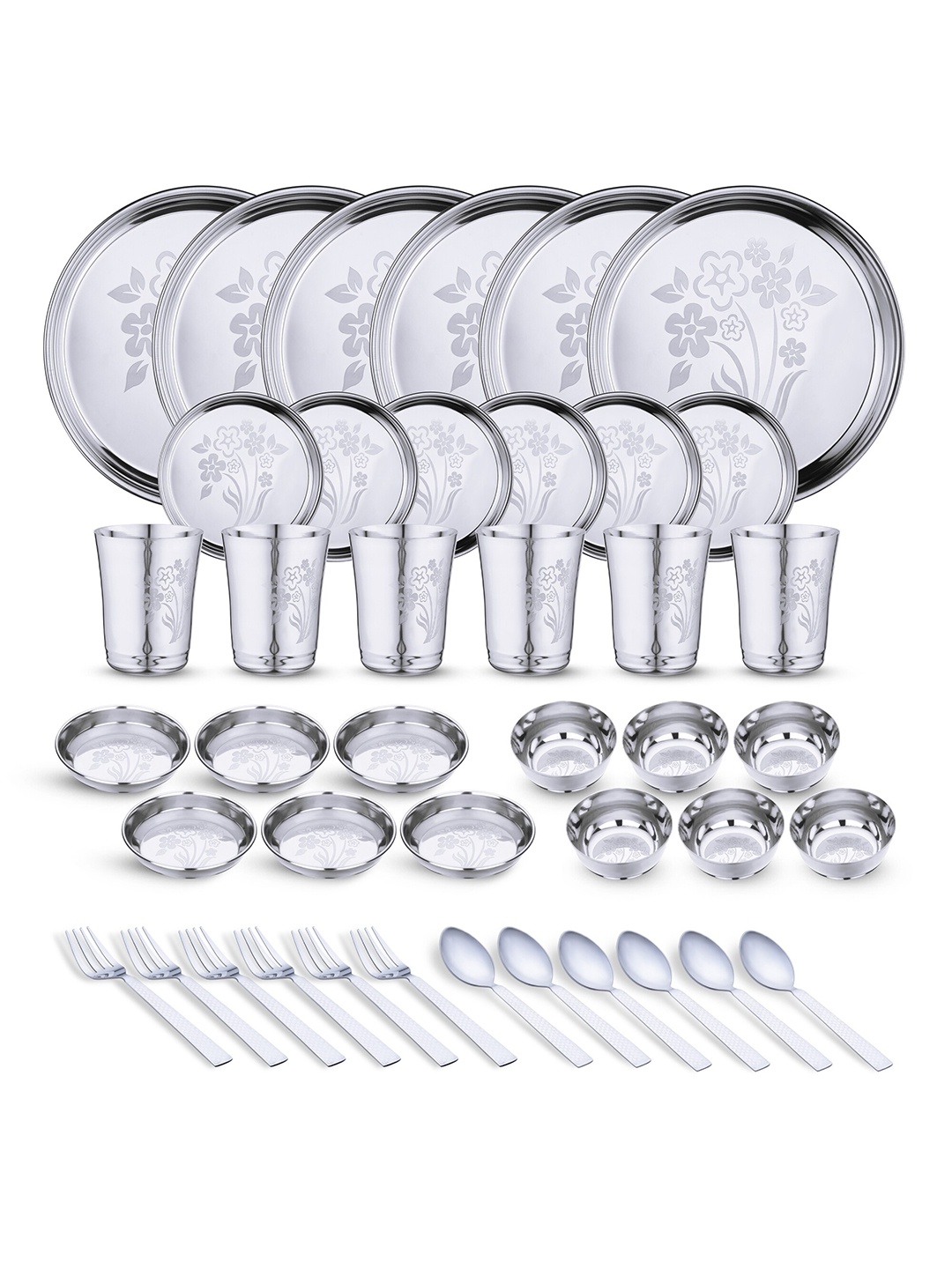 

LIMETRO STEEL Silver-Toned 46 Pieces Floral Printed Stainless Steel Glossy Dinner Set