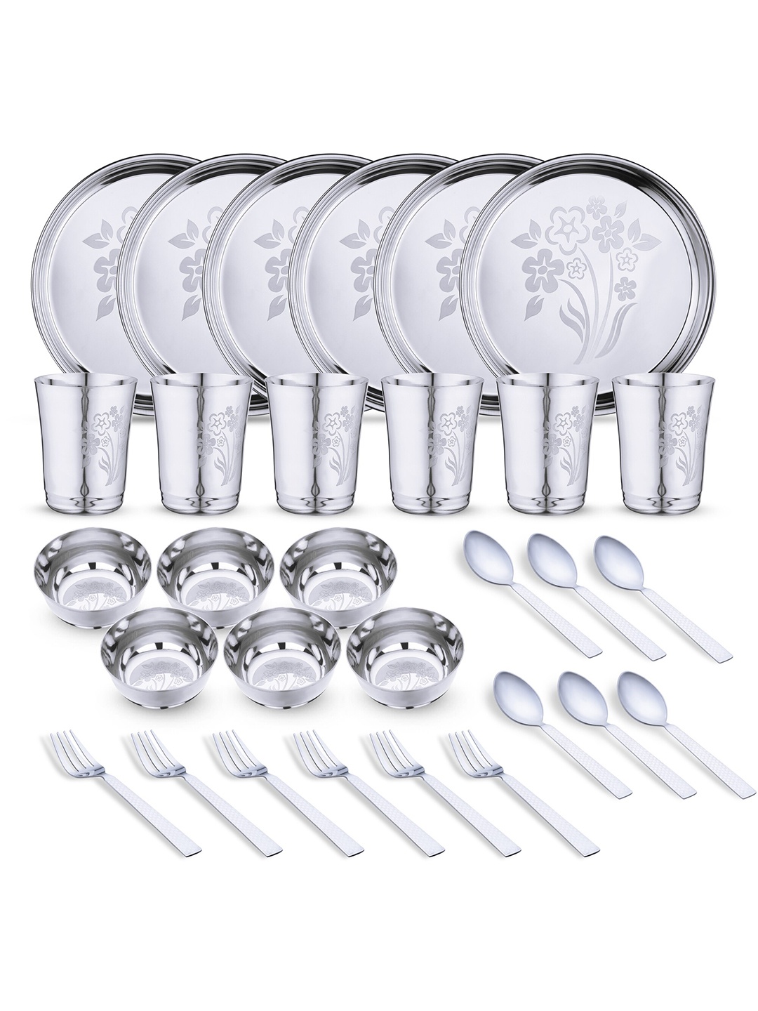 

LIMETRO STEEL Silver-Toned 30 Pieces Floral Printed Stainless Steel Glossy Dinner Set