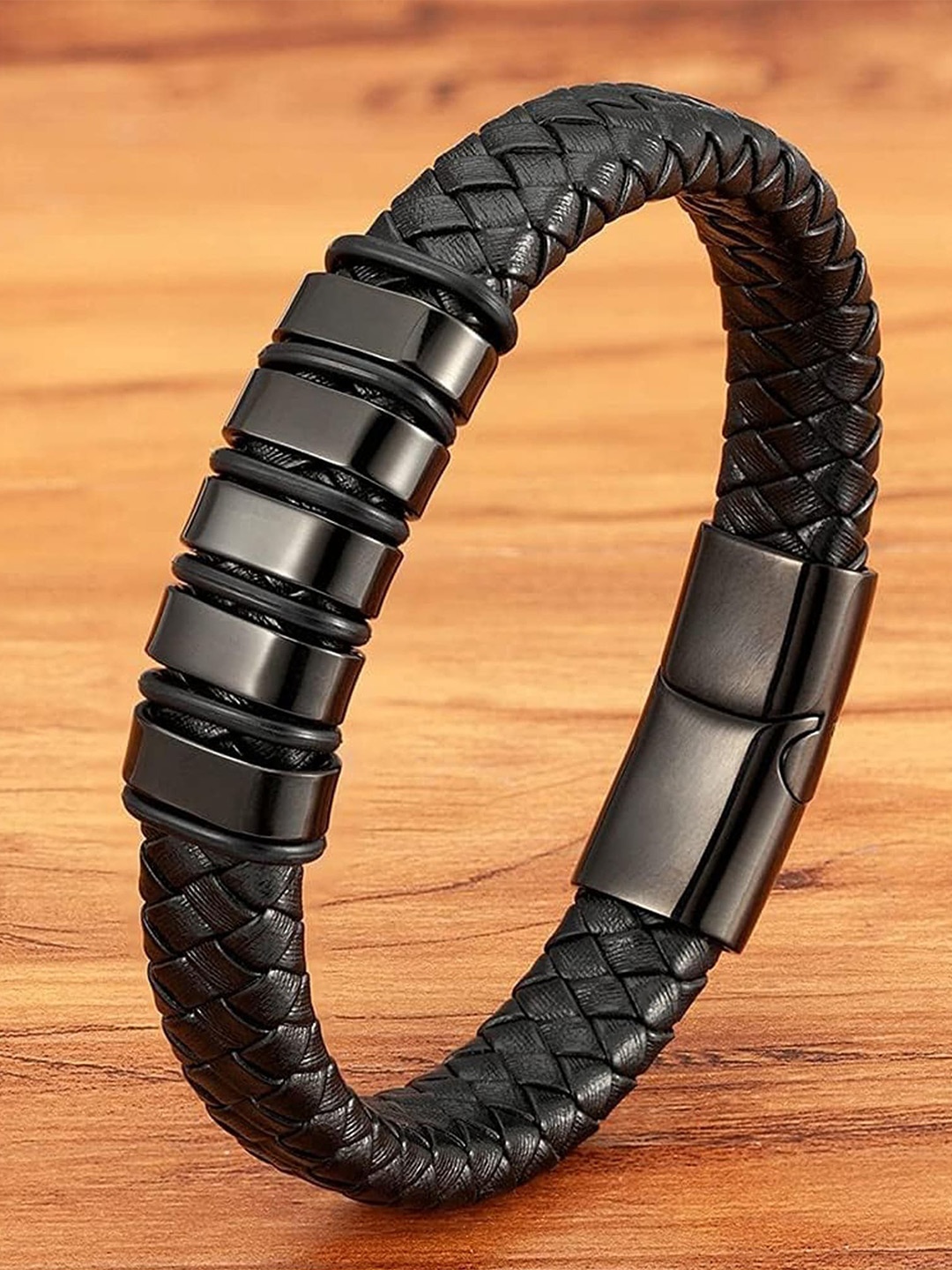

Fashion Frill Men Leather Silver-Plated Wraparound Bracelet, Black