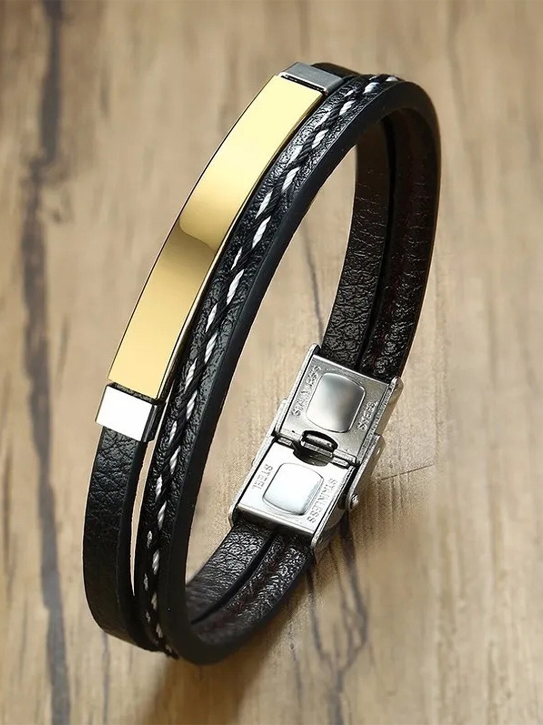 

Fashion Frill Men Leather Gold Plated Wraparound Bracelet