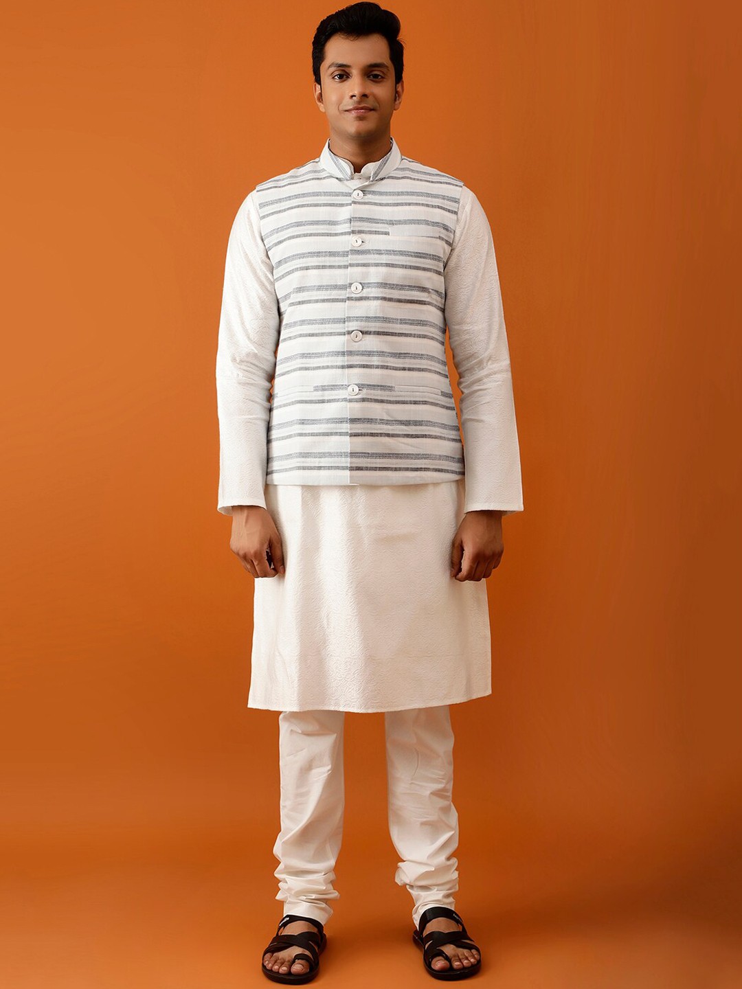 

Streaks & Crosses Striped Pure Cotton Nehru Jacket, Blue
