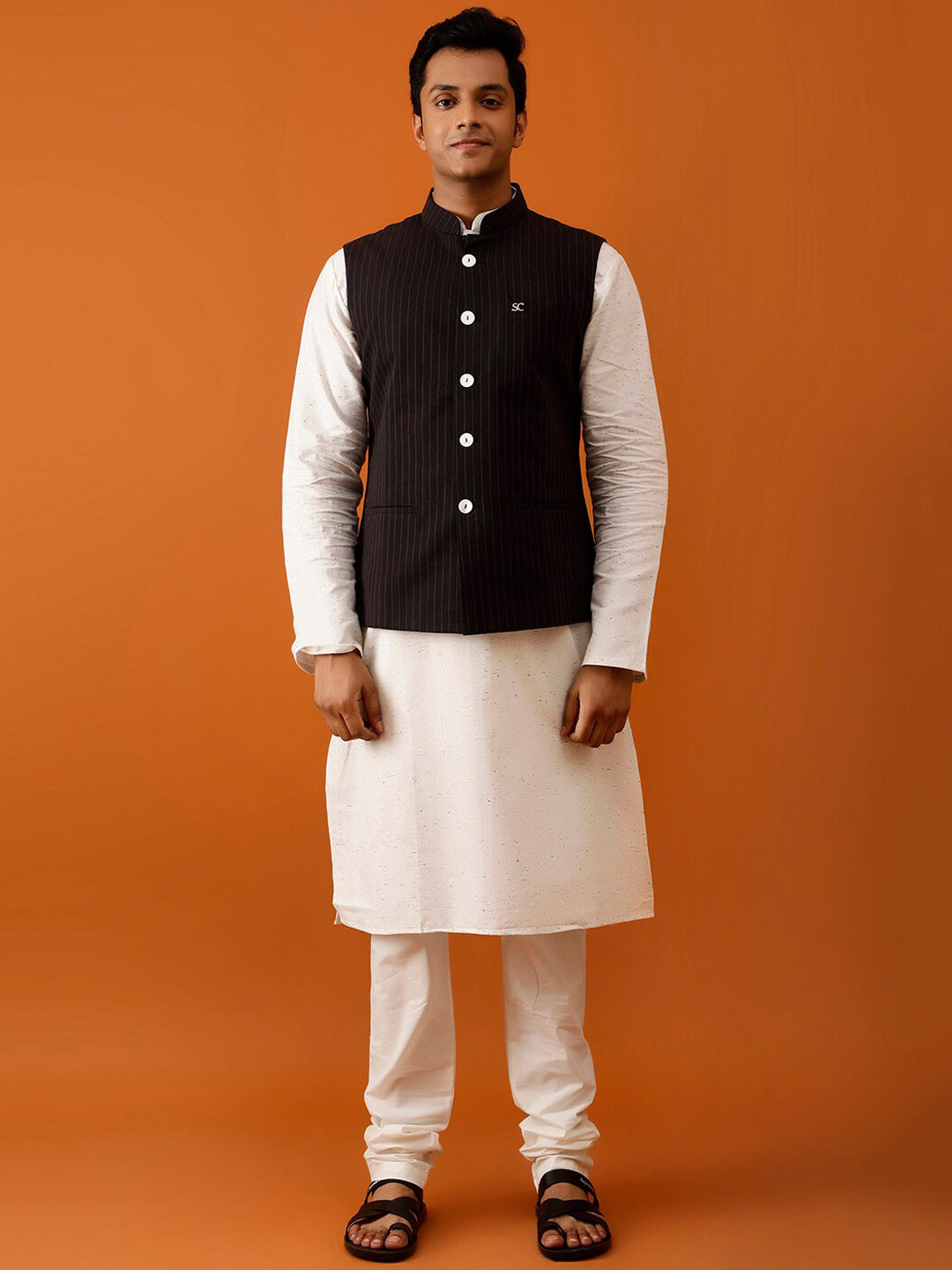 

Streaks & Crosses Striped Pure Cotton Nehru Jackets, Black