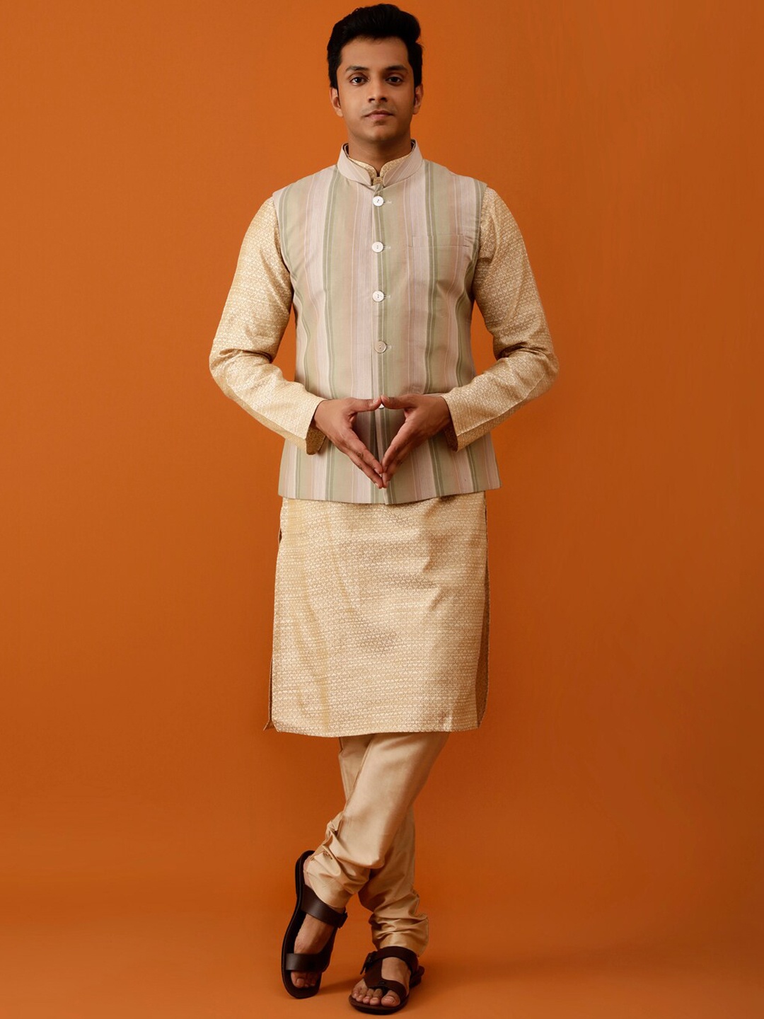 

Streaks & Crosses Striped Pure Cotton Woven Nehru Jackets, Beige