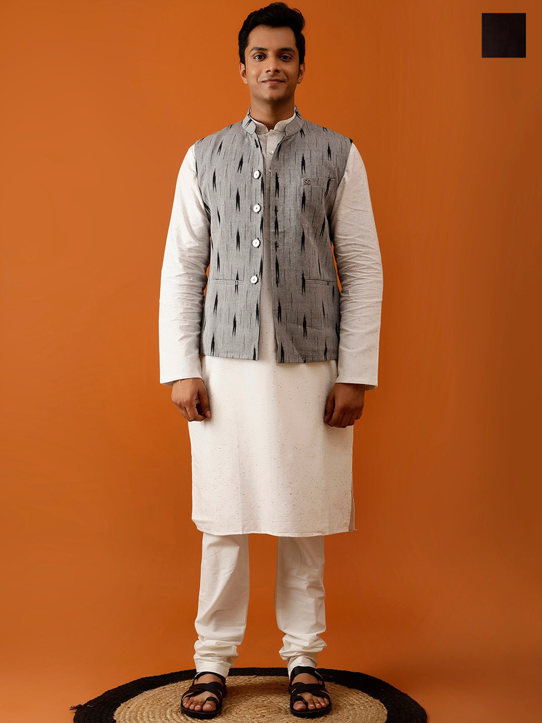 

Streaks & Crosses Printed Ikkat Pure Cotton Nehru Jackets, Black