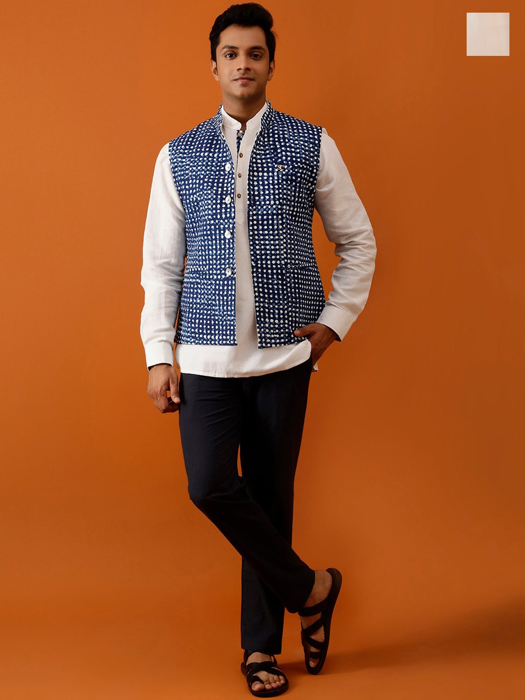 

Streaks & Crosses Printed Pure Cotton Reversible Nehru Jacket, Navy blue