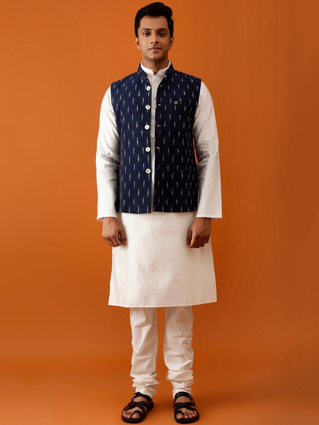 

Streaks & Crosses Ikkat Printed Pure Cotton Nehru Jackets, Navy blue