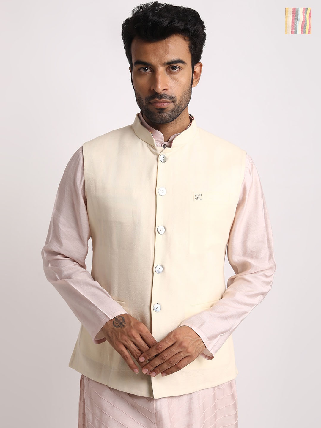 

Streaks & Crosses Striped Pure Cotton Reversible Nehru Jacket, Beige