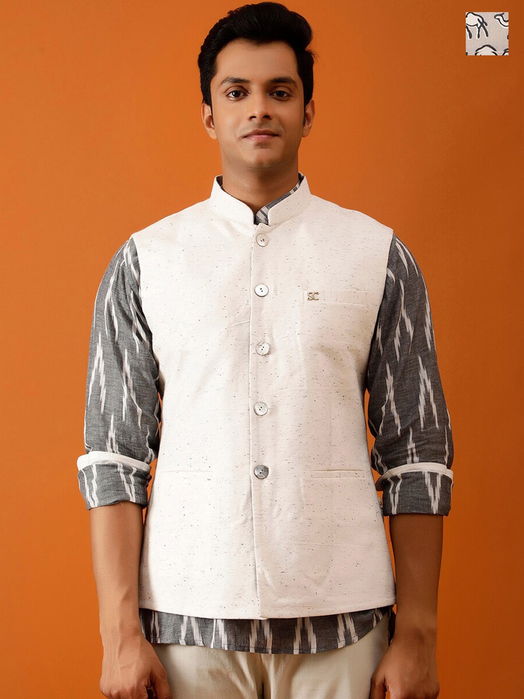 

Streaks & Crosses Printed Reversible Pure Cotton Nehru Jacket, Grey
