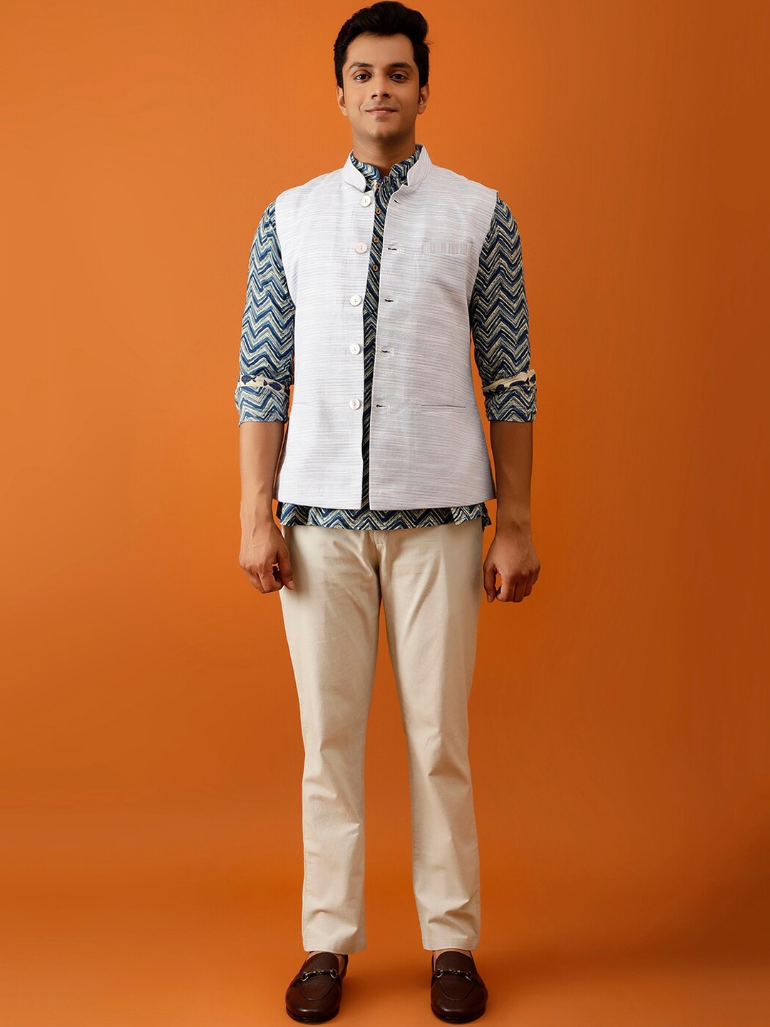 

Streaks & Crosses Striped Pure Cotton Nehru Jackets, White