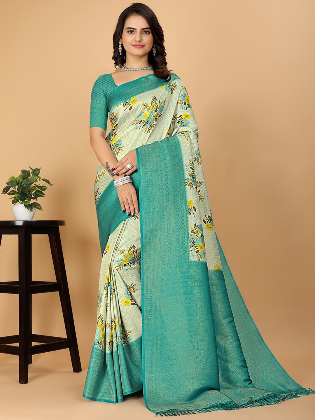 

Pionex Floral Printed Pure Silk Kanjeevaram Saree, Teal