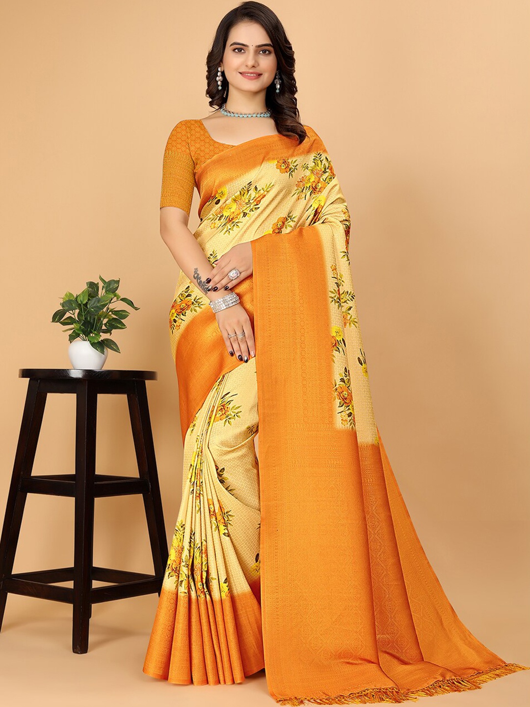 

Pionex Floral Pure Silk Printed Kanjeevaram Saree, Orange