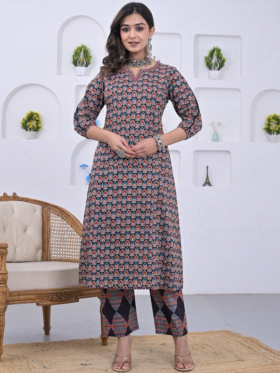 

Advya Ethnic Motifs Printed Mirror Work Pure Cotton Kurta with Trousers, Black
