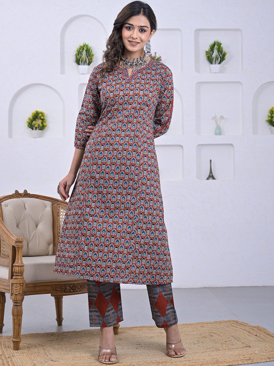 

Advya Ethnic Motifs Printed Mirror Work Pure Cotton Kurta with Trousers, Red