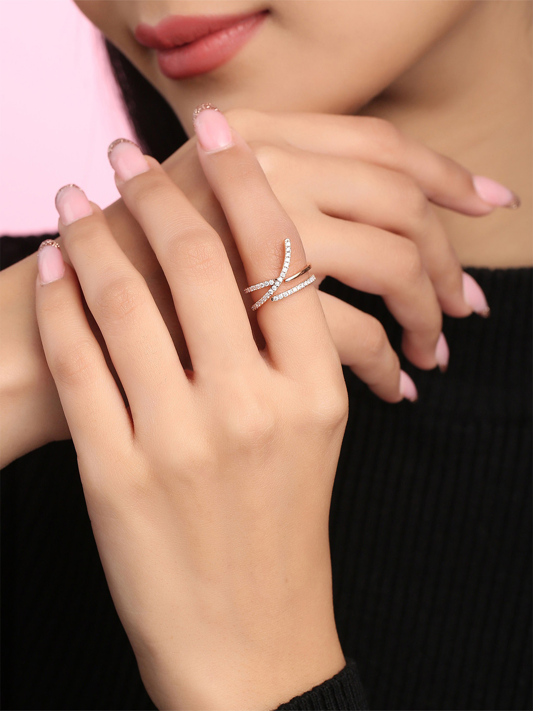 

Kicky And Perky 925 Sterling Silver Moissanite Studded Numerical 7 Finger Ring, Rose gold