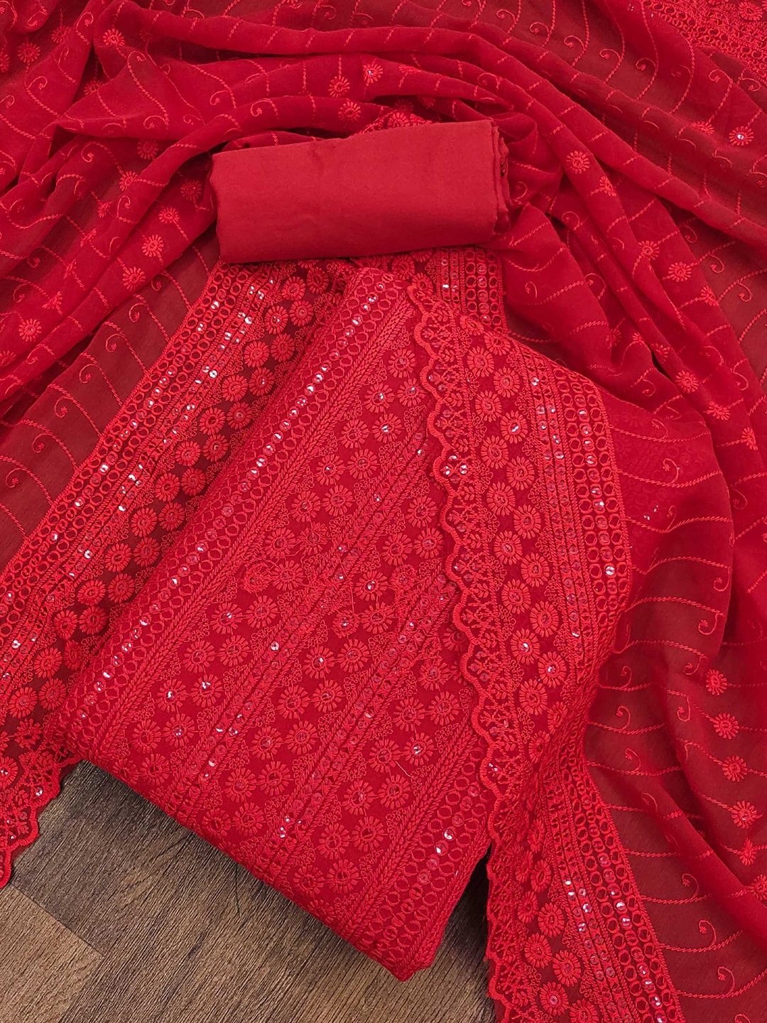 

Panzora Floral Embroidered Sequined Unstitched Dress Material, Red