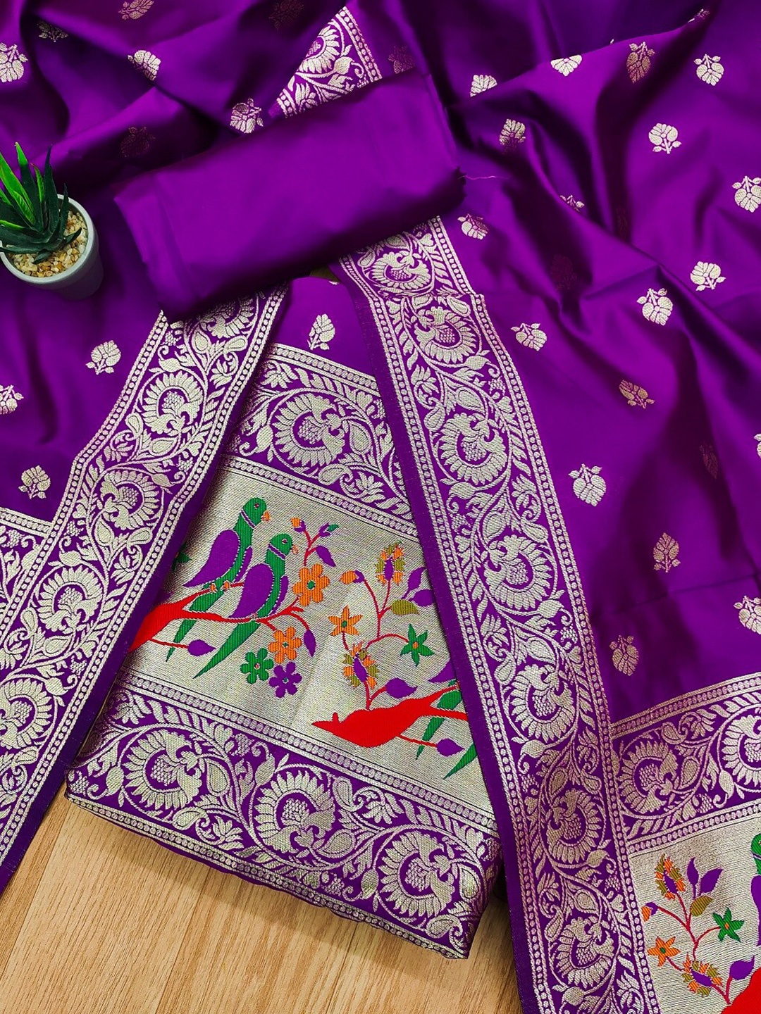 

Panzora Ethnic Motifs Woven Design Zari Unstitched Dress Material, Purple