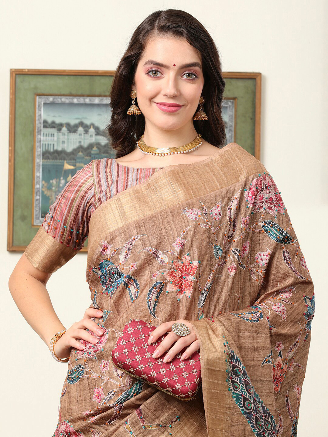 

Mitera Kalamkari Embroidered Silk Blend Designer Saree, Brown