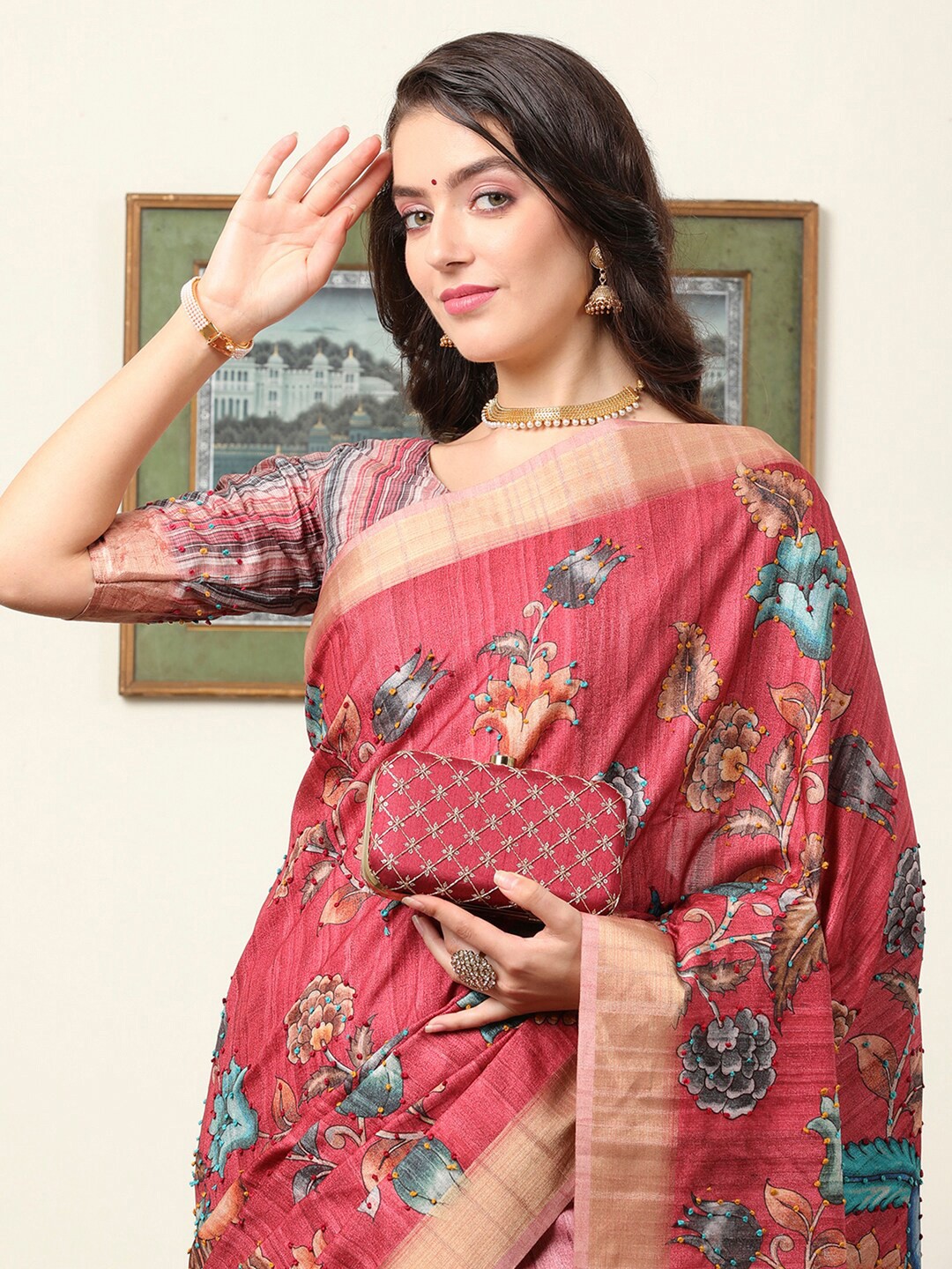 

Mitera Kalamkari Embroidered Silk Blend Designer Saree, Pink
