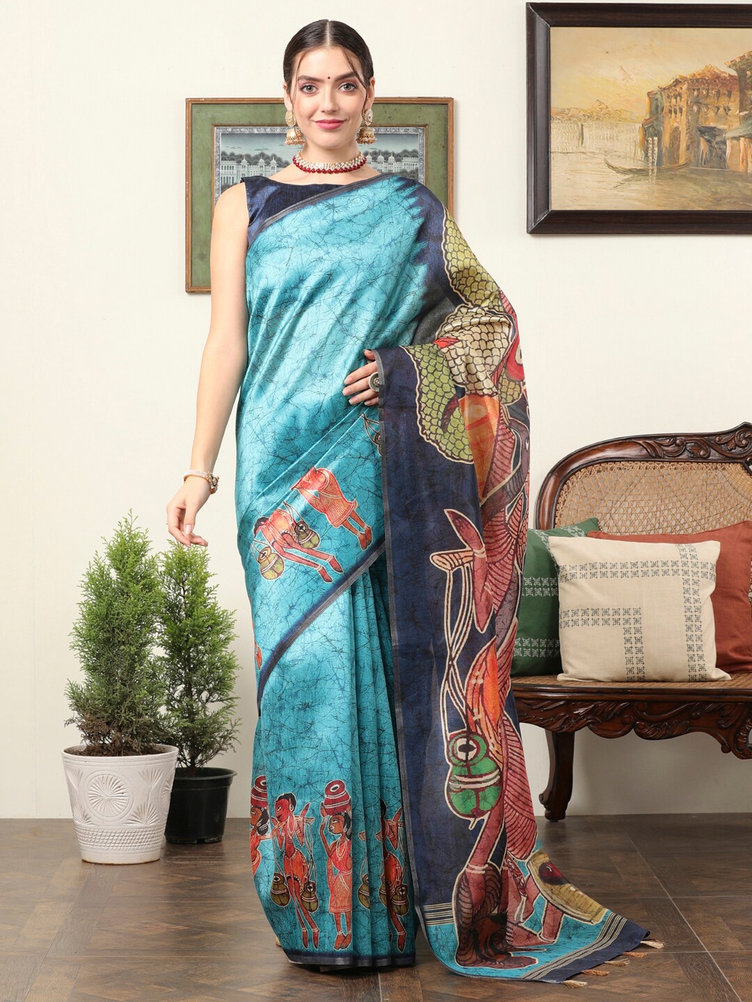 

Mitera Blue & Green Kalamkari Silk Blend Designer Dabu Saree