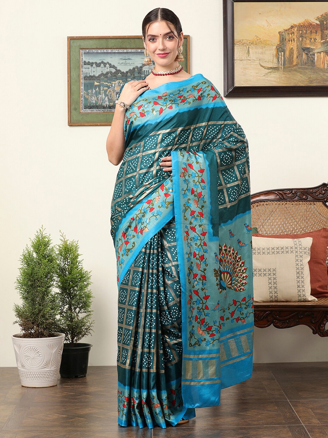 

Mitera Ethnic Motifs Silk Blend Designer Bagru Saree, Teal