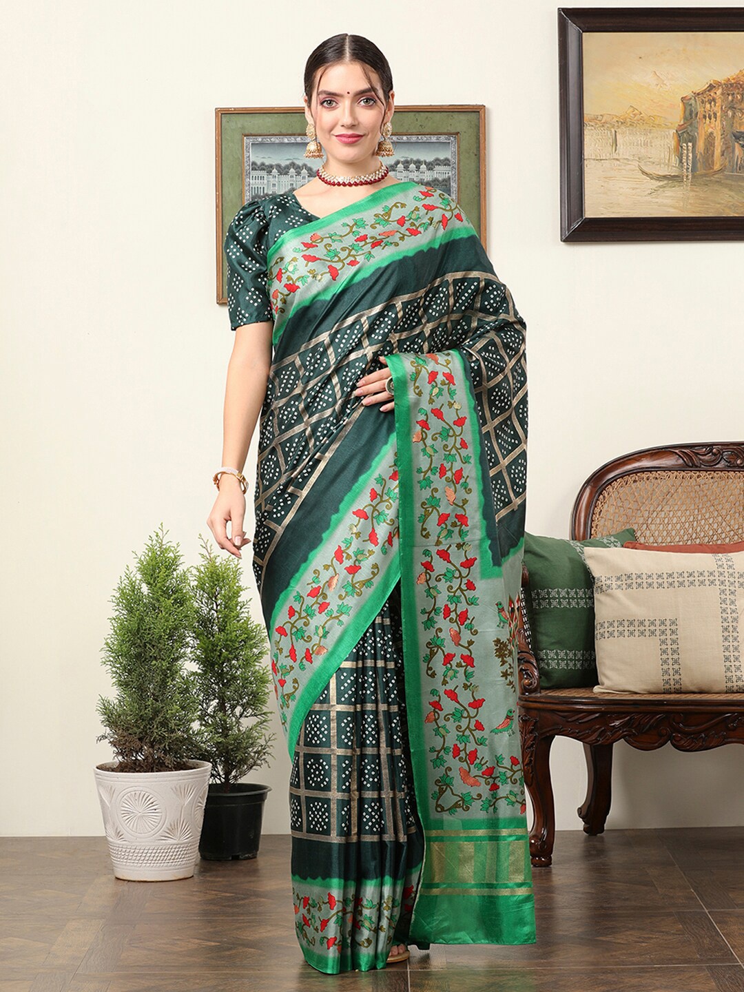 

Mitera Ethnic Motifs Silk Blend Designer Bagru Saree, Green
