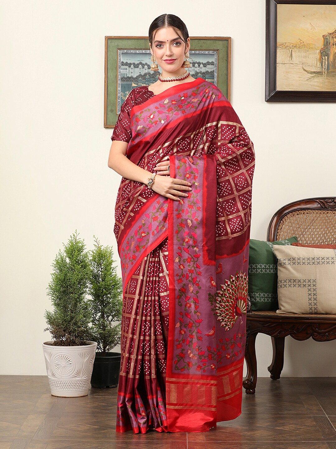

Mitera Maroon & White Ethnic Motifs Silk Blend Designer Bagru Saree
