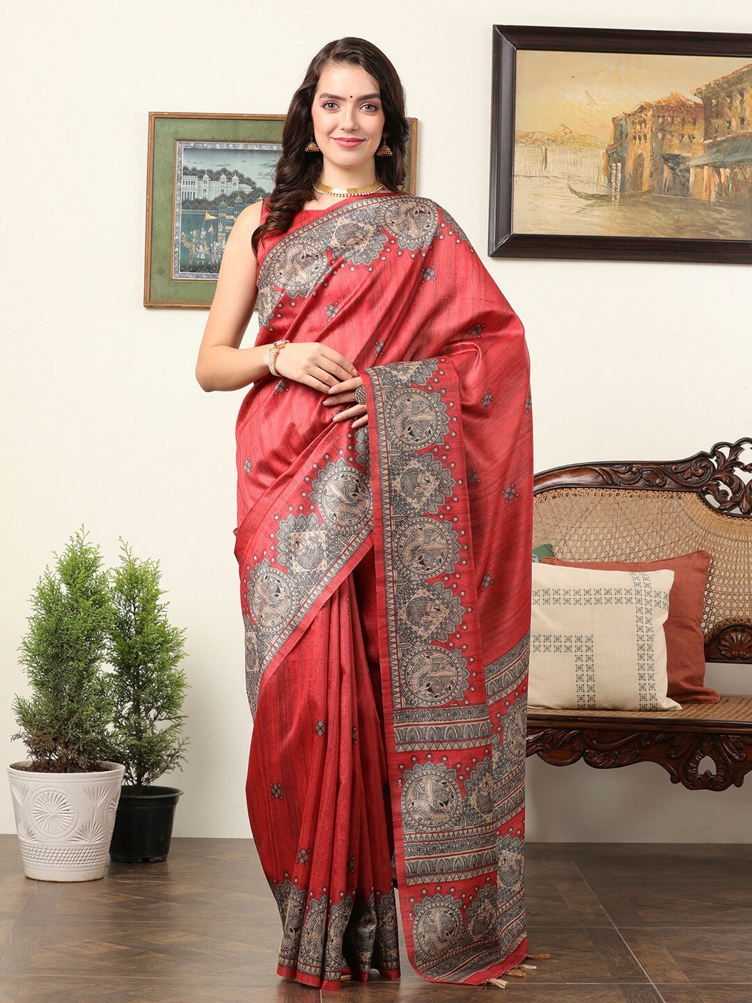 

Mitera Ethnic Motifs Silk Blend Designer Bagru Saree, Red