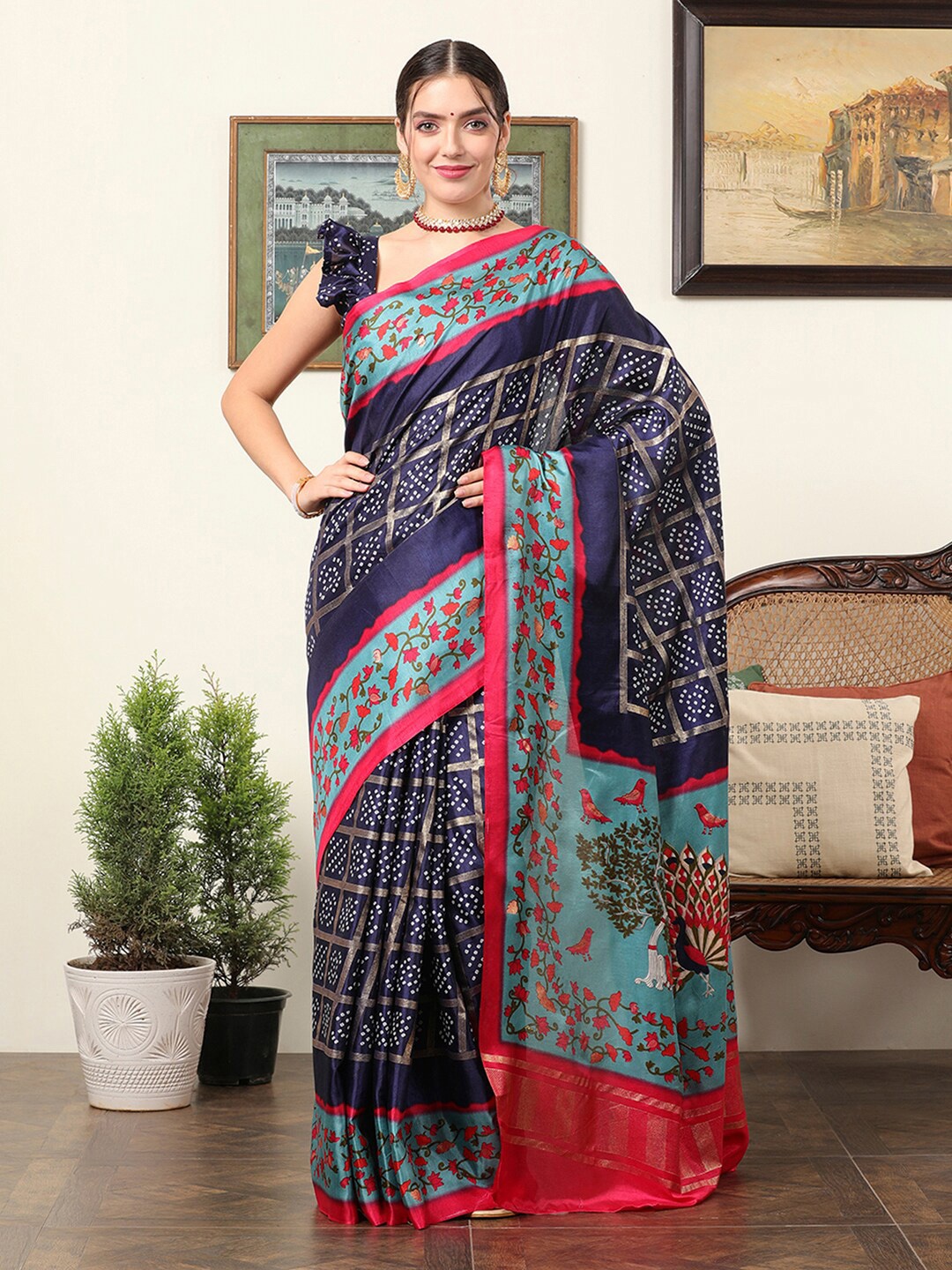

Mitera Navy Blue & Red Ethnic Motifs Silk Blend Designer Bagru Saree