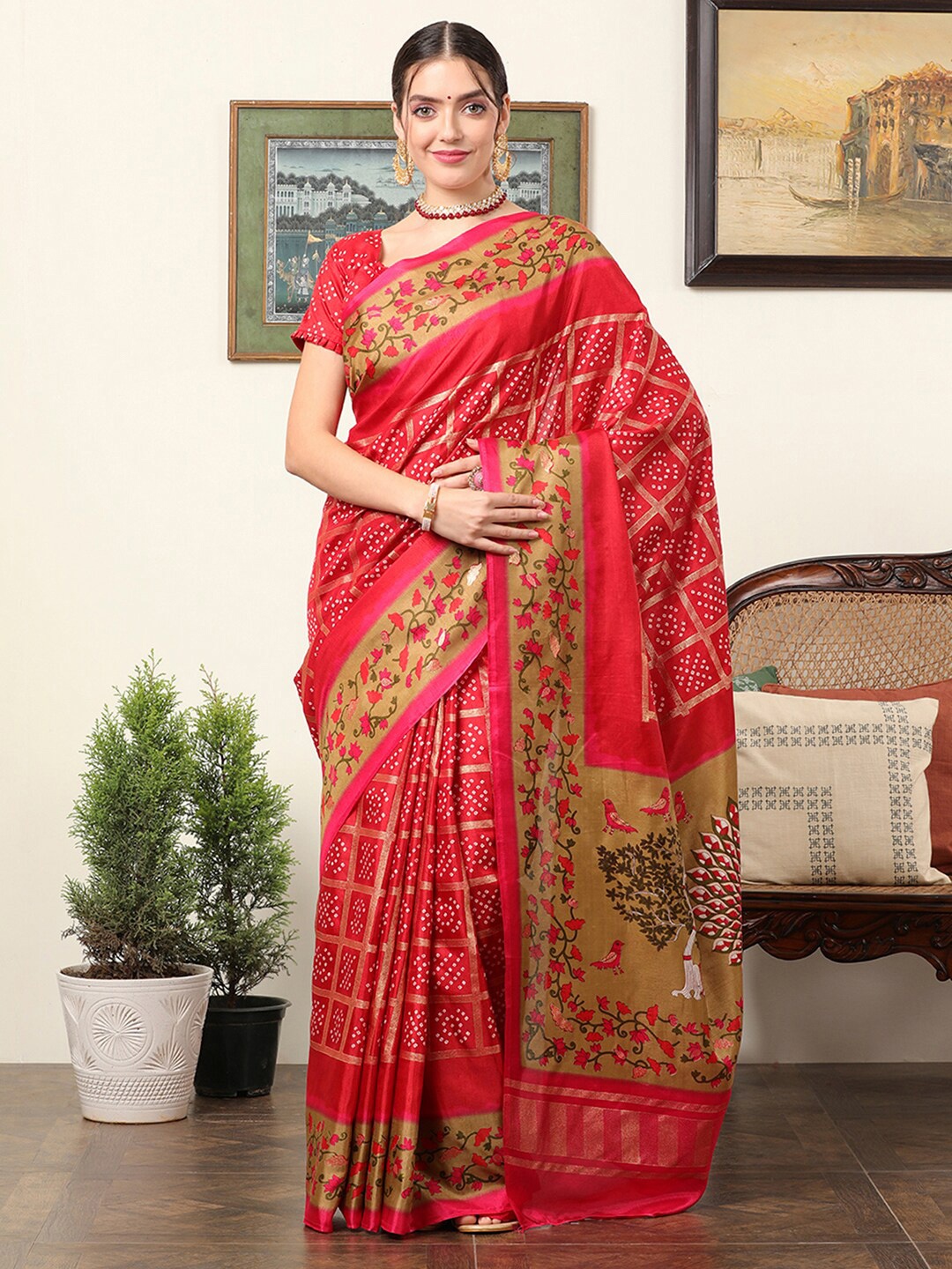 

Mitera Ethnic Motifs Silk Blend Designer Bagru Saree, Red