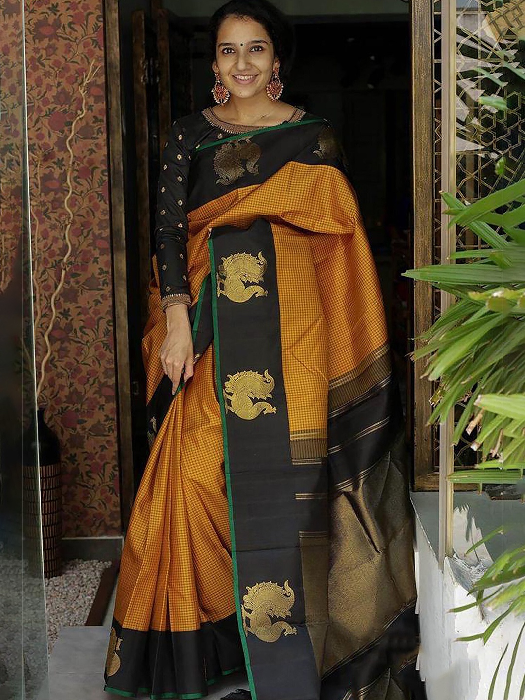 

KALINI Woven Design Silk Cotton Zari Banarasi Saree, Yellow