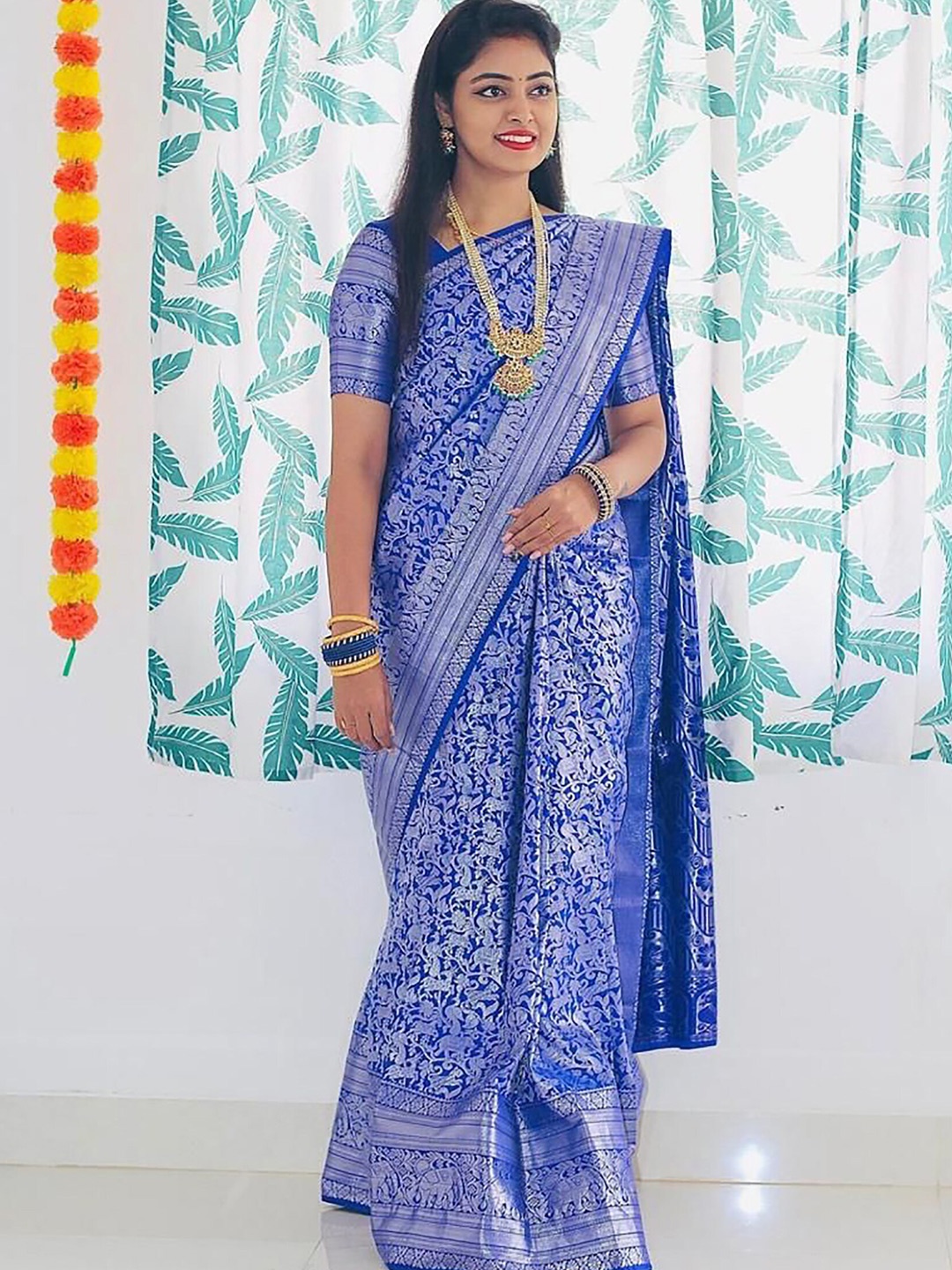 

KALINI Floral Woven Design Zari Silk Cotton anarasi Saree, Blue